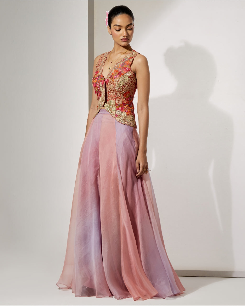 Blush Pink Embroidered Corset & Organza Skirt Set