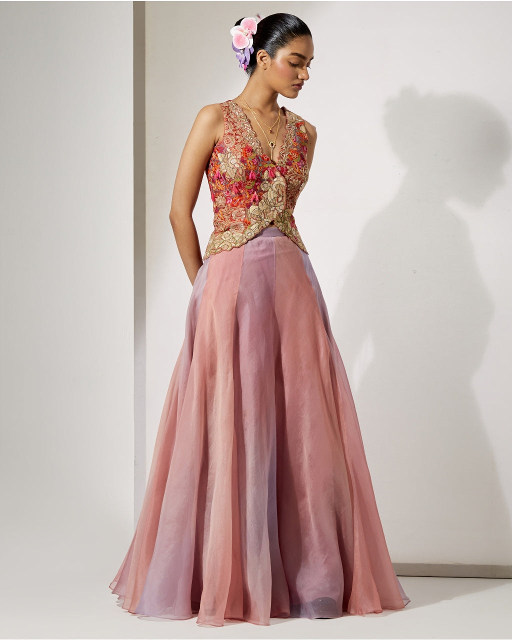 Blush Pink Embroidered Corset & Organza Skirt Set