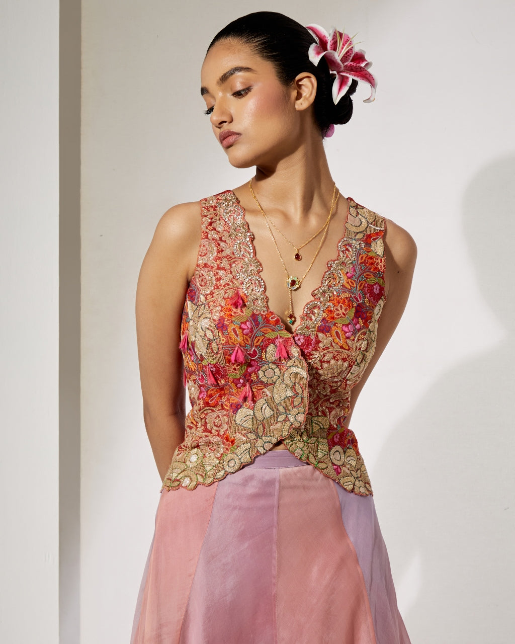 Blush Pink Embroidered Corset & Organza Skirt Set