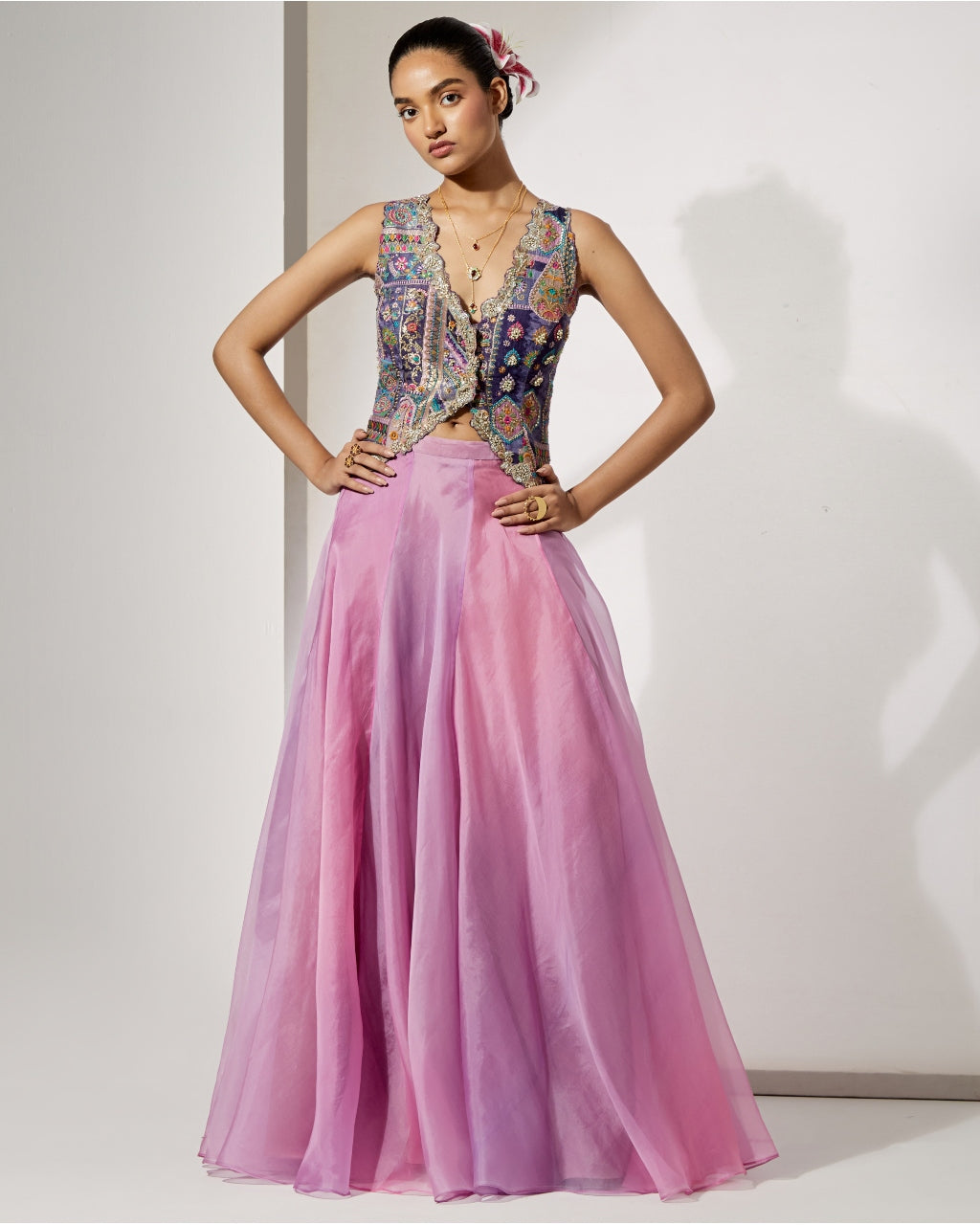 Lavender Embroidered Corset & Organza Skirt Set