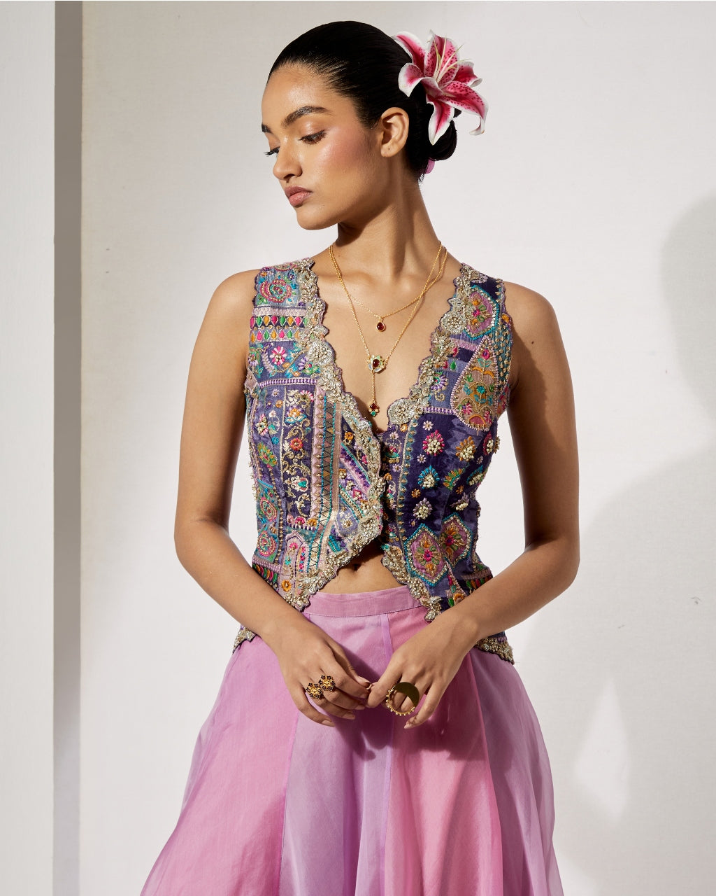 Lavender Embroidered Corset & Organza Skirt Set
