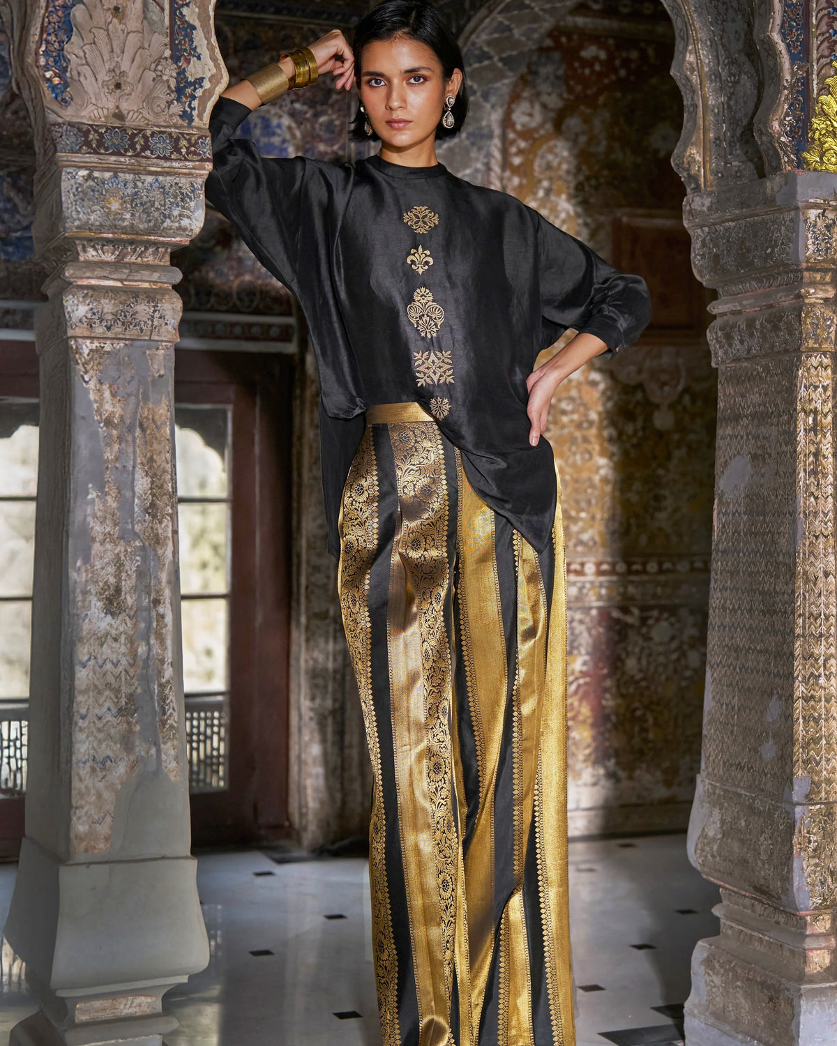 Embroidered Motif Boxy Shirt & Benares Brocade Striped Pant