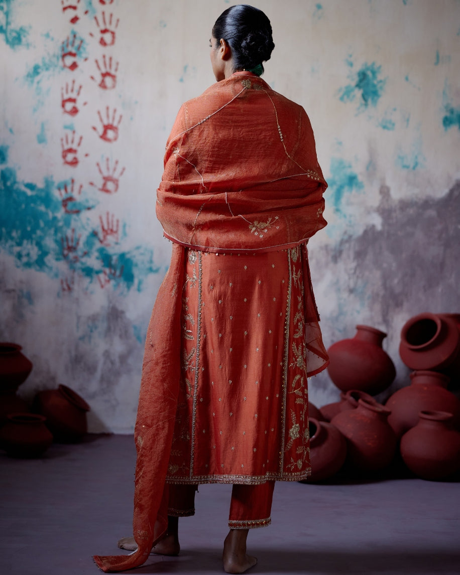 Rust Orange Panelled Straight Kurta Set