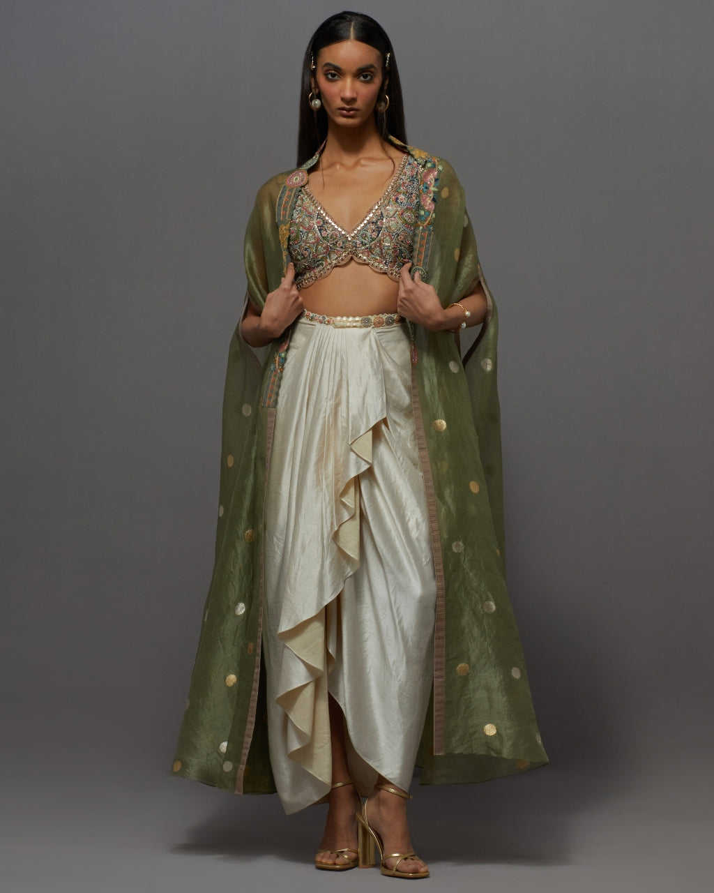 Ivory & Green Drape Skirt Set