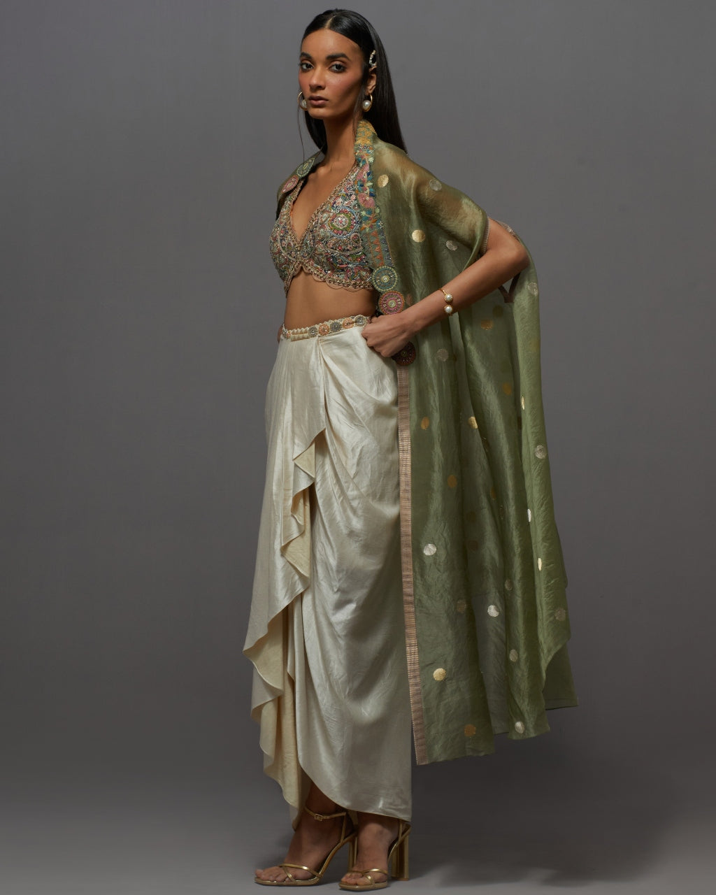 Ivory & Green Drape Skirt Set