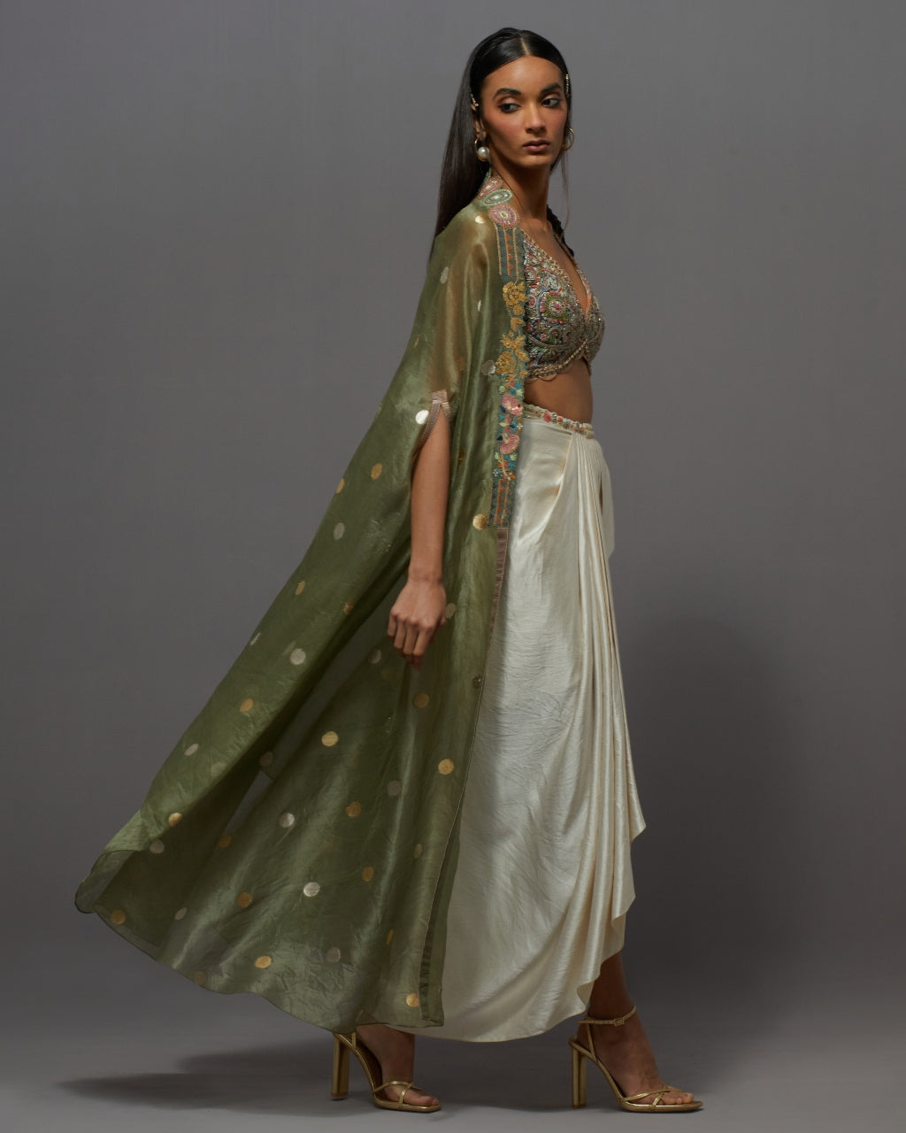 Ivory & Green Drape Skirt Set