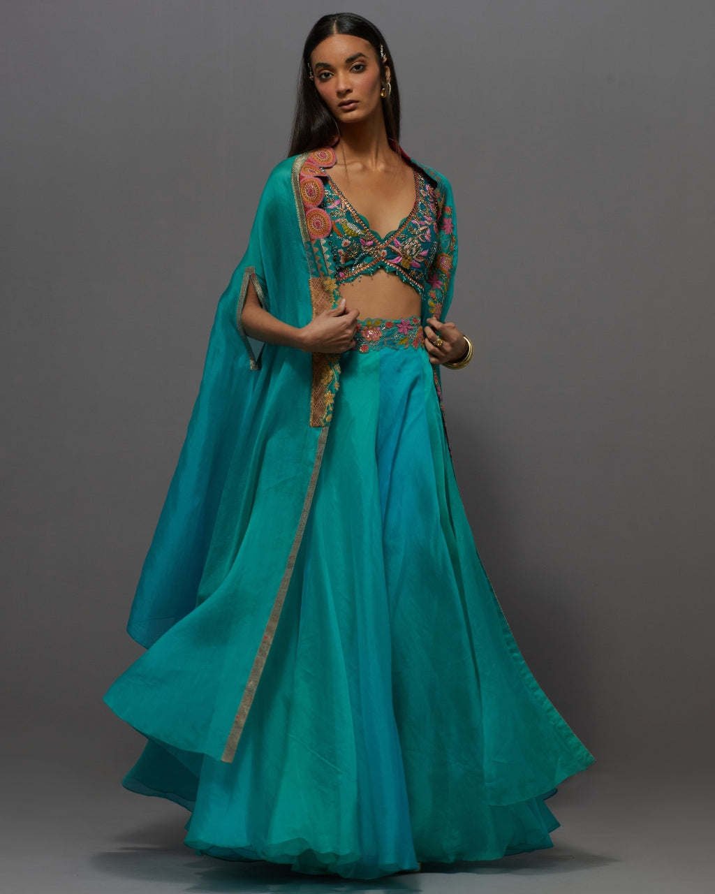 Turquoise Embroidered Blouse & Drape Set