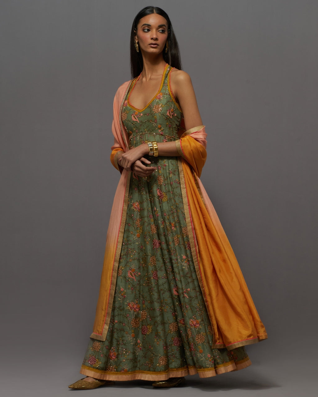 Green & Peach Painted Anarkali Set