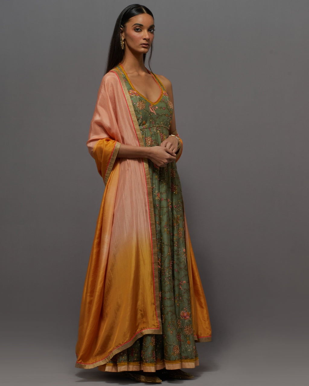 Green & Peach Painted Anarkali Set