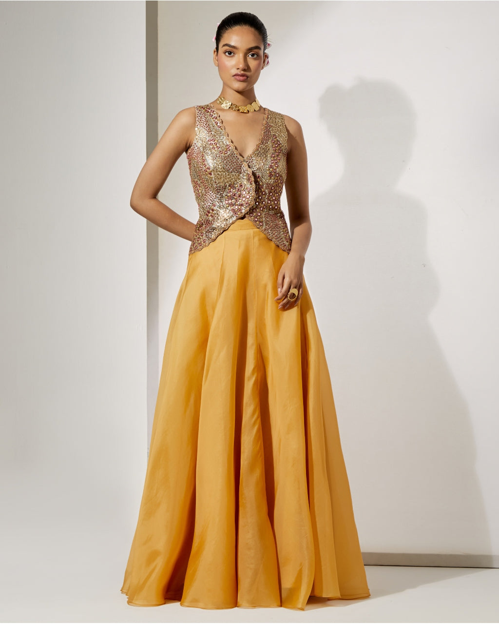 Mustard Gold Embroidered Corset & Organza Skirt Set