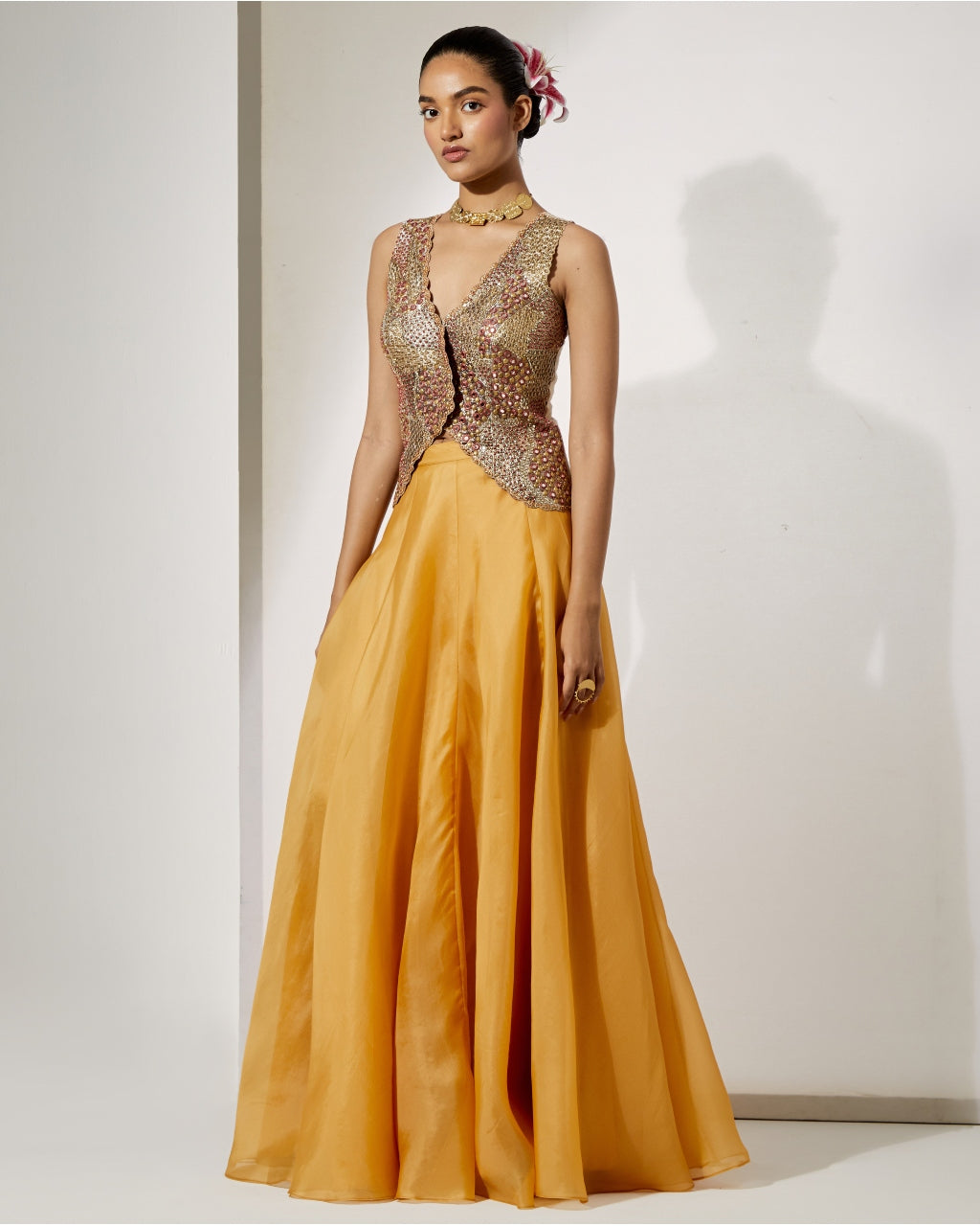 Mustard Gold Embroidered Corset & Organza Skirt Set