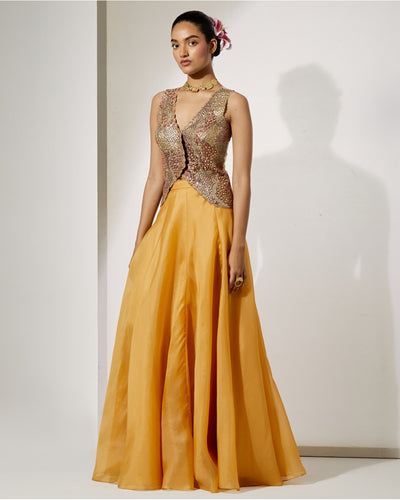 Mustard Gold Embroidered Corset & Organza Skirt Set