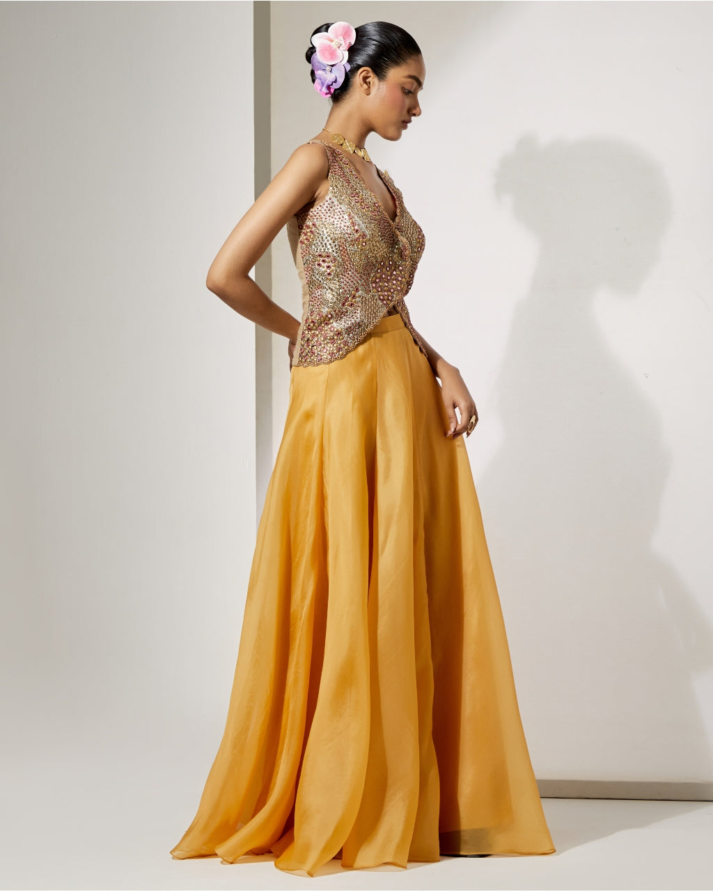Mustard Gold Embroidered Corset & Organza Skirt Set