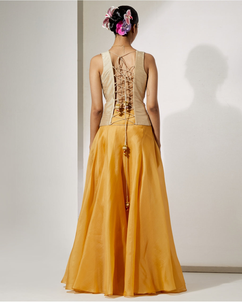 Mustard Gold Embroidered Corset & Organza Skirt Set