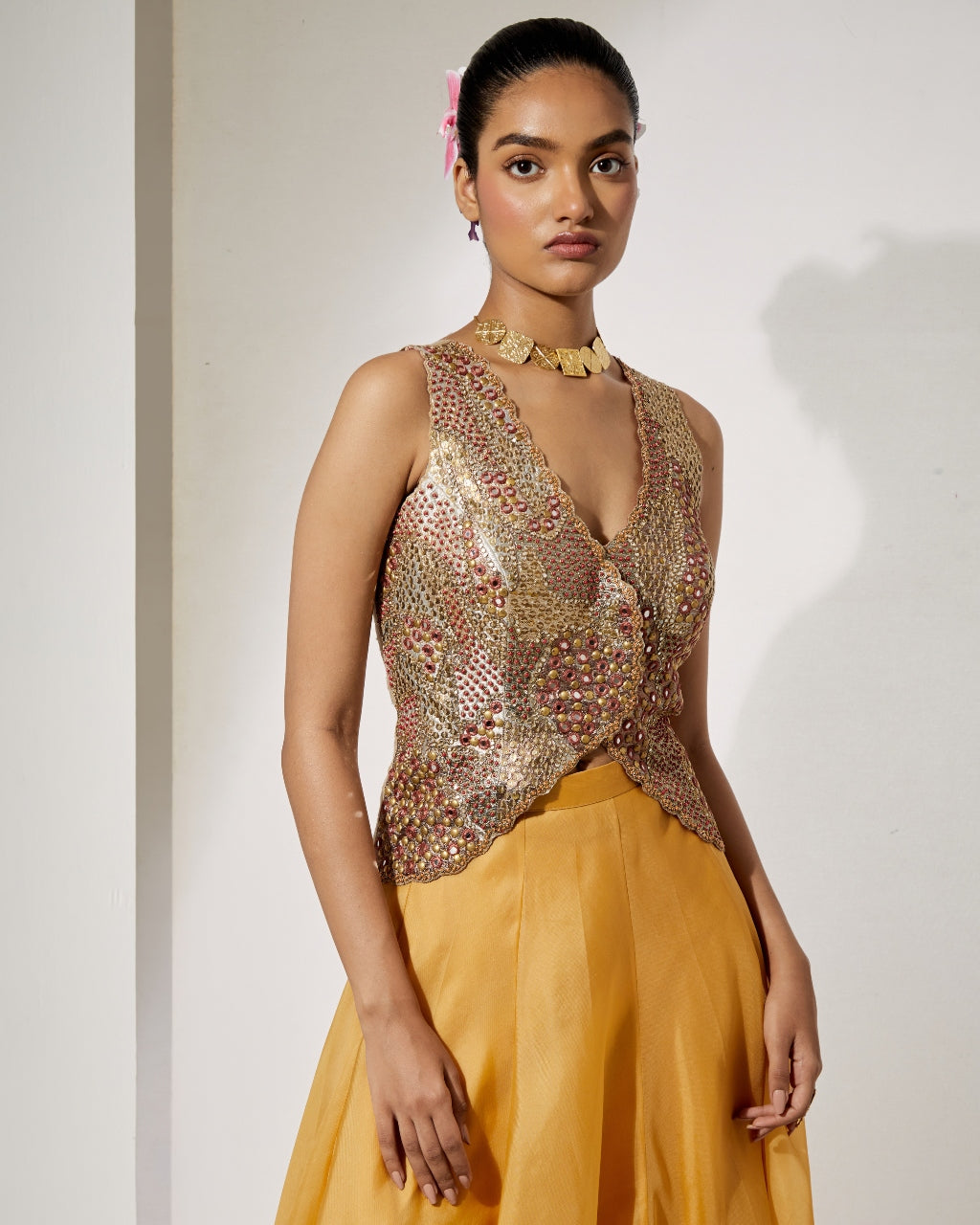 Mustard Gold Embroidered Corset & Organza Skirt Set