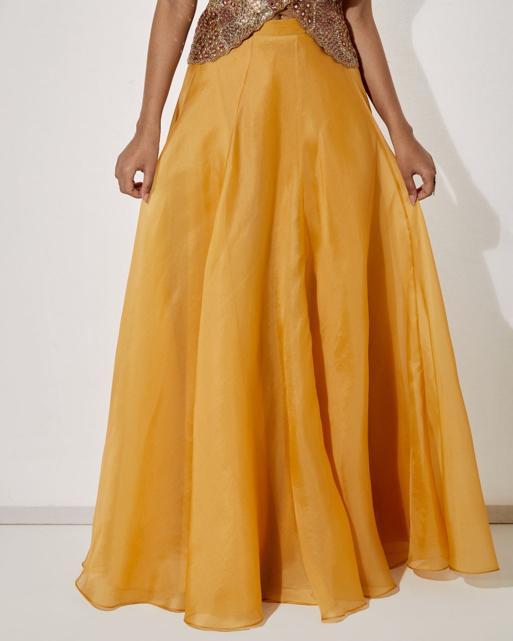 Mustard Gold Embroidered Corset & Organza Skirt Set