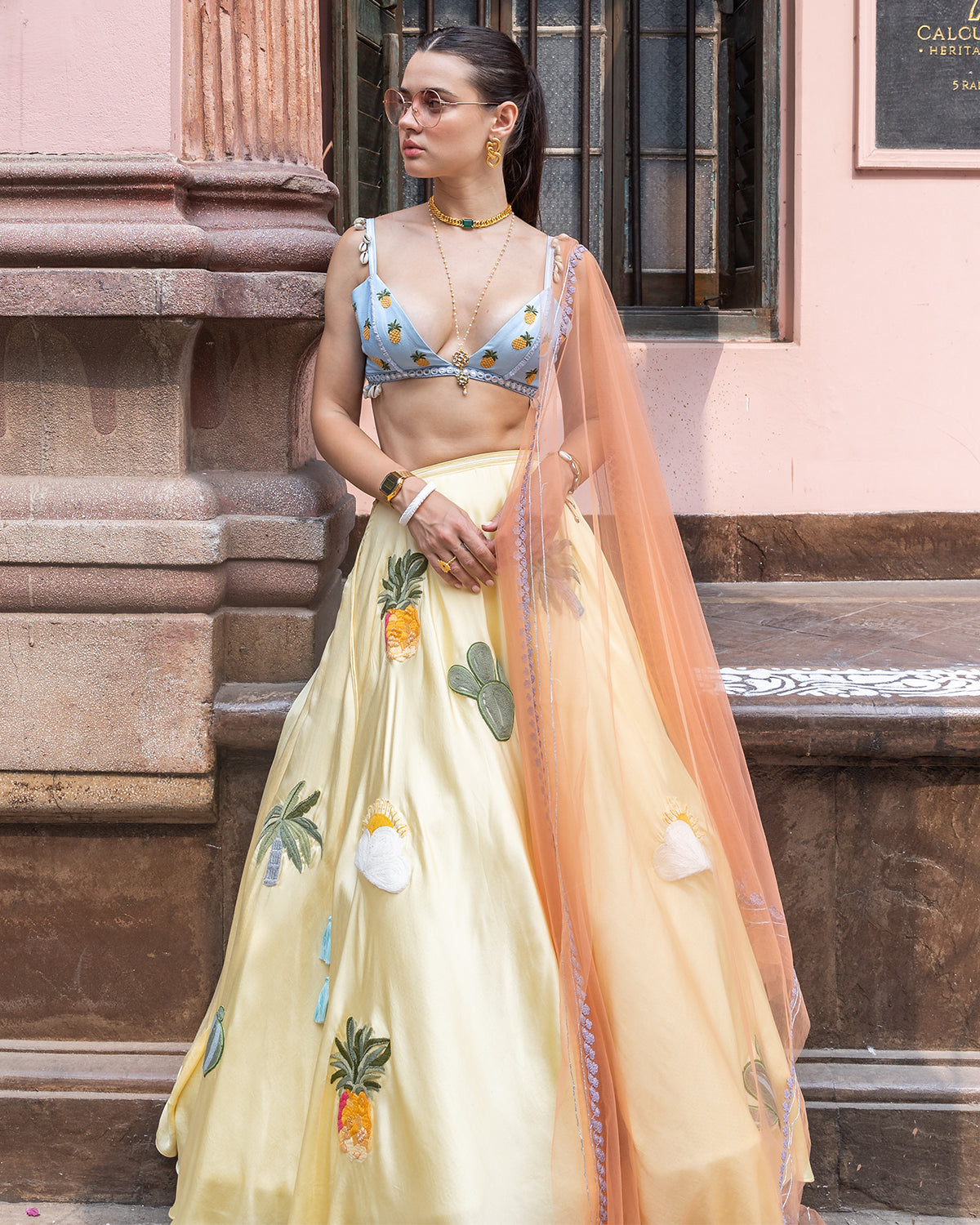 Yellow Pineapple Lehenga Set by The Little Black Bow 