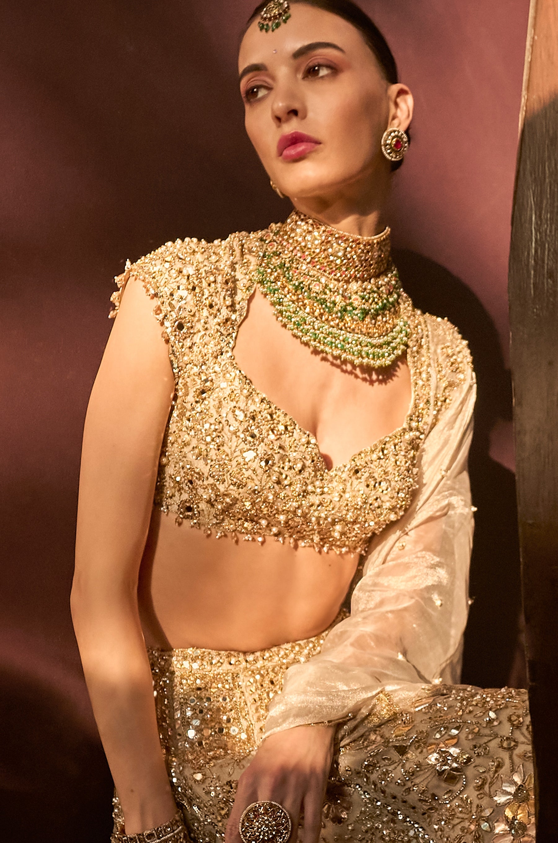 Silver Tissue Mirrorwork Lehenga Set