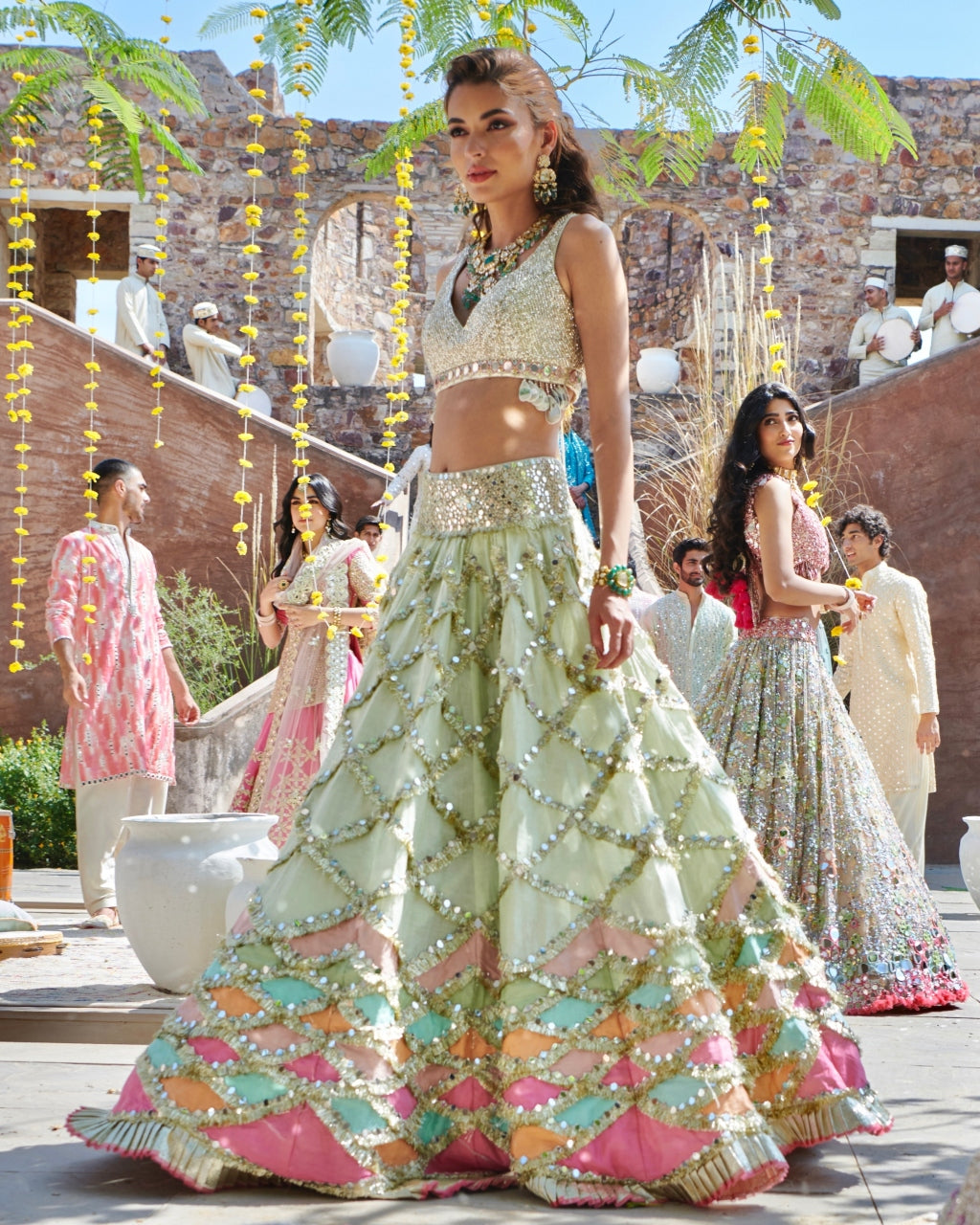 Hand Embroidered Blouse With Multicolor Patch Work Lehenga Set