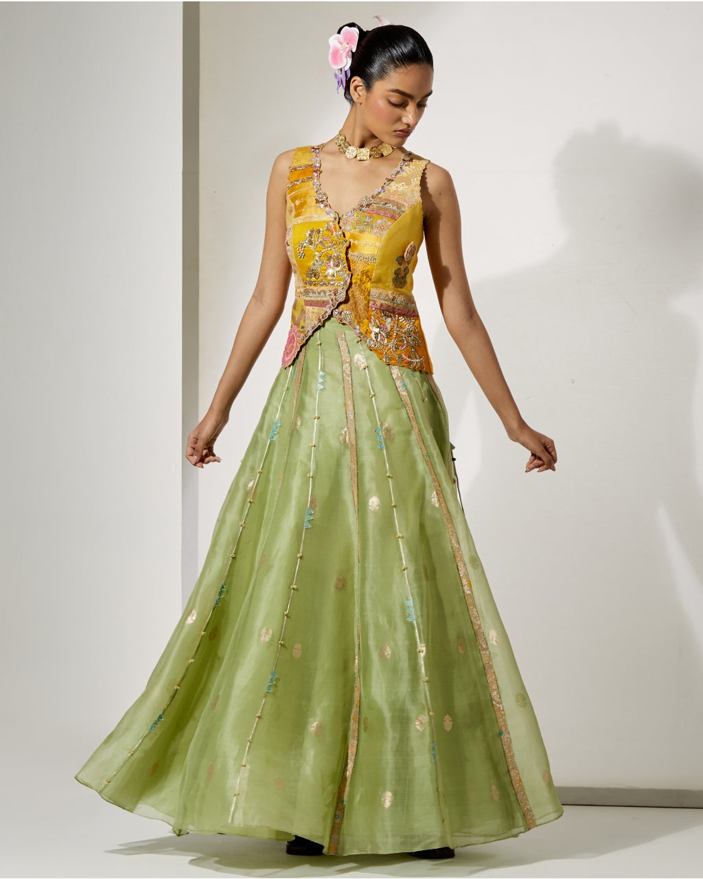 Sunflower Embroidered Corset & Green Organza Skirt Set