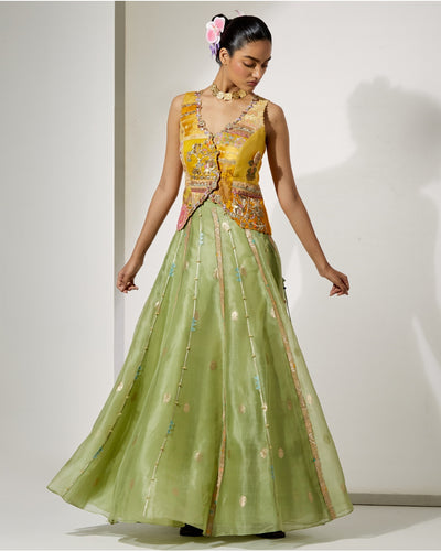 Sunflower Embroidered Corset & Green Organza Skirt Set