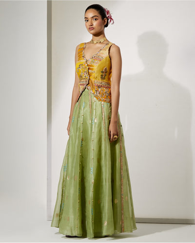 Sunflower Embroidered Corset & Green Organza Skirt Set