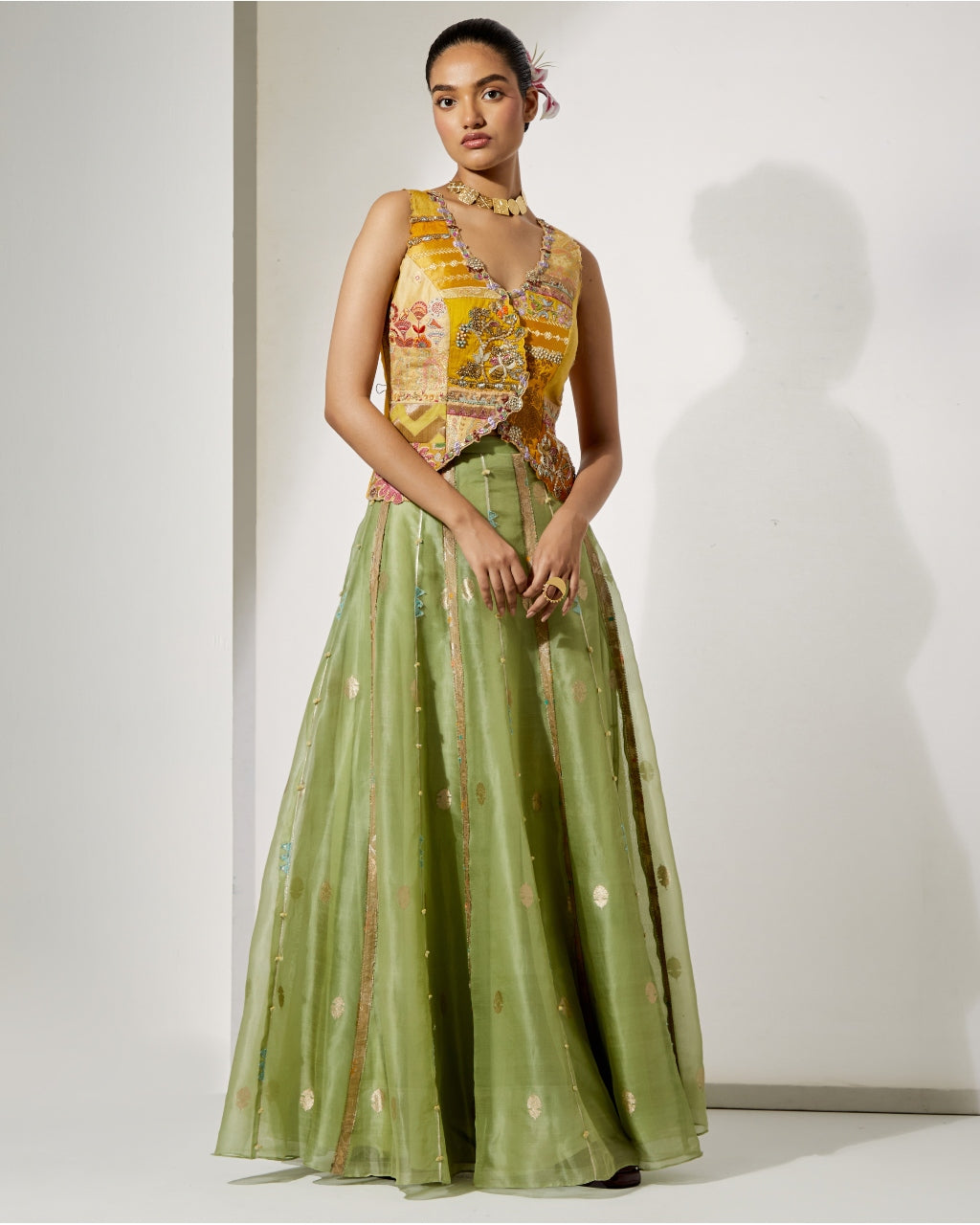 Sunflower Embroidered Corset & Green Organza Skirt Set