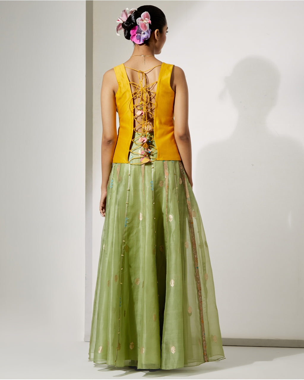 Sunflower Embroidered Corset & Green Organza Skirt Set