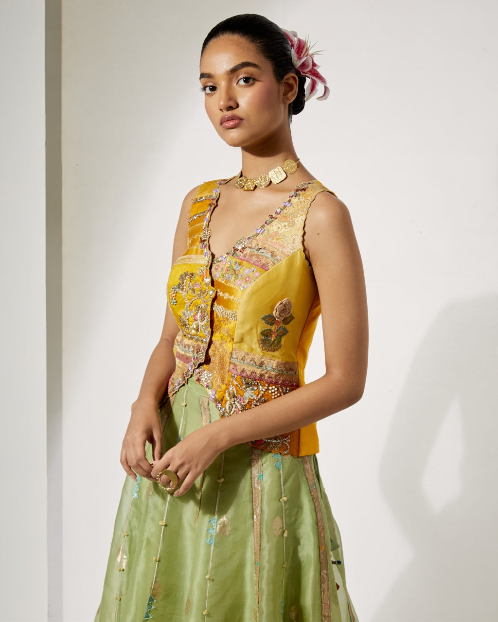 Sunflower Embroidered Corset & Green Organza Skirt Set