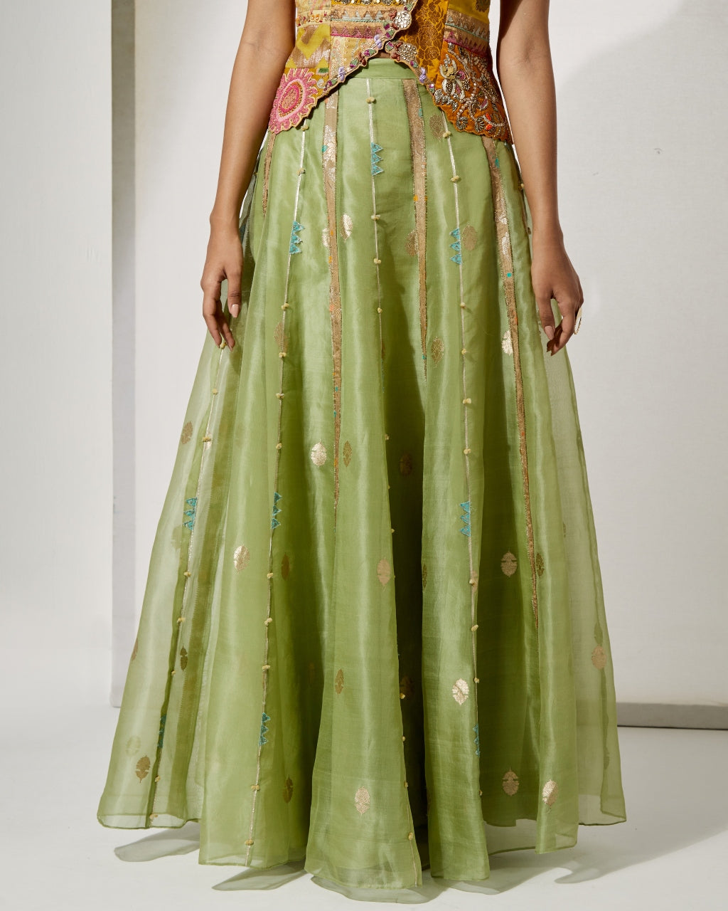 Sunflower Embroidered Corset & Green Organza Skirt Set