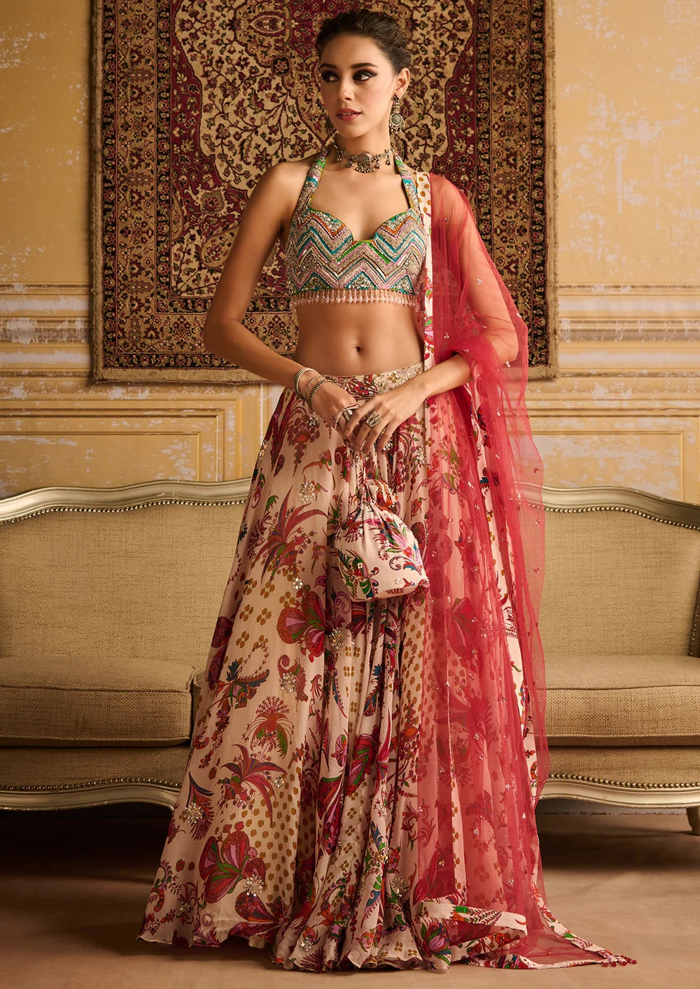 Red Zig-Zag Butta Print Embroidered Blouse And Lehenga Set