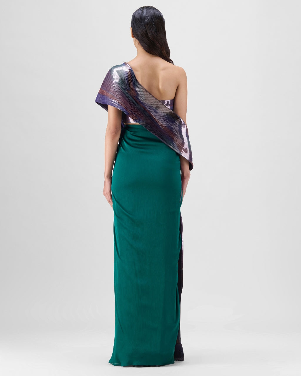 Green-Teal Metallic Micro Pleated Sari Set