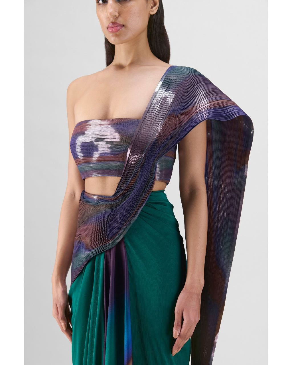 Green-Teal Metallic Micro Pleated Sari Set