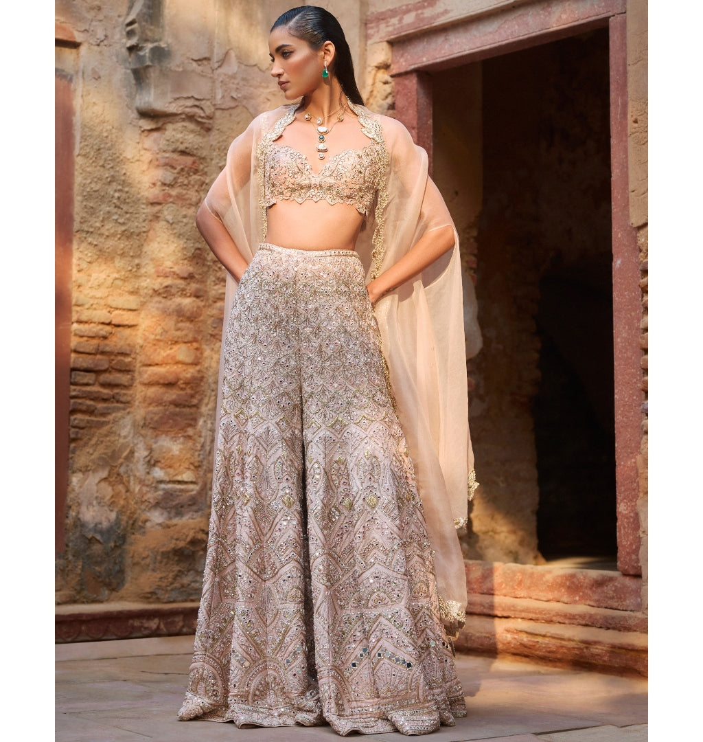 Nude Peach Raw Silk High Waist Sharara And Cape Set