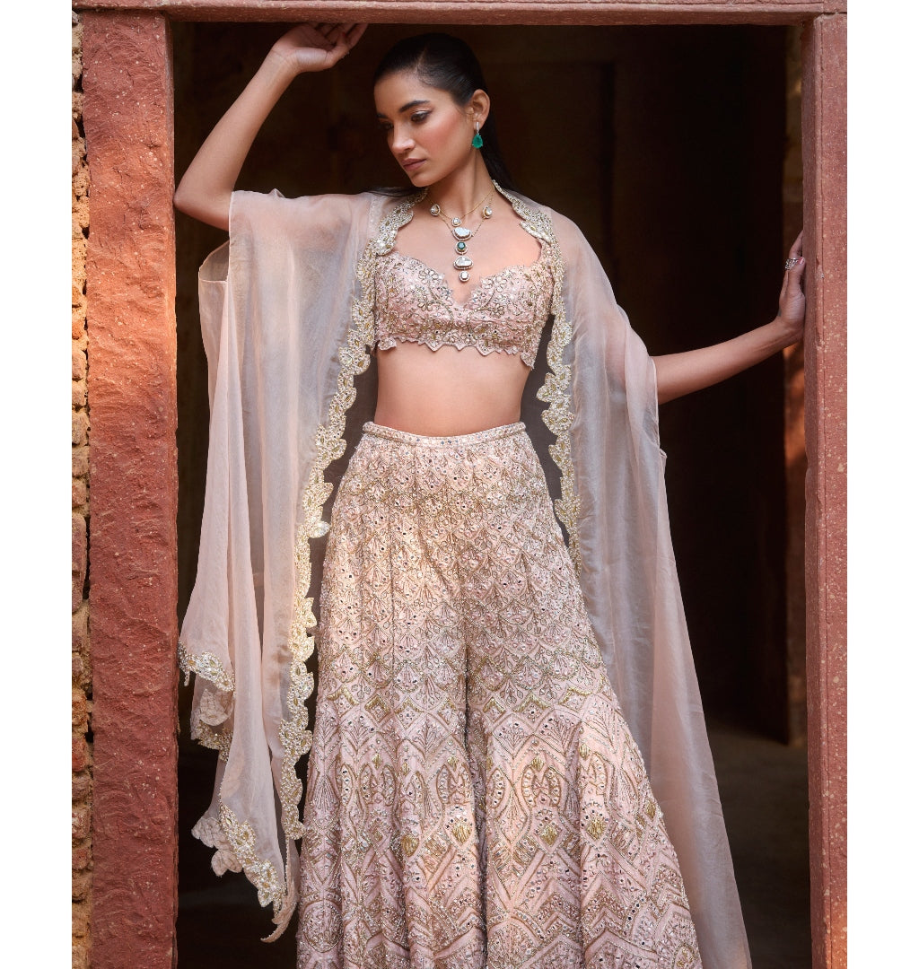 Nude Peach Raw Silk High Waist Sharara And Cape Set