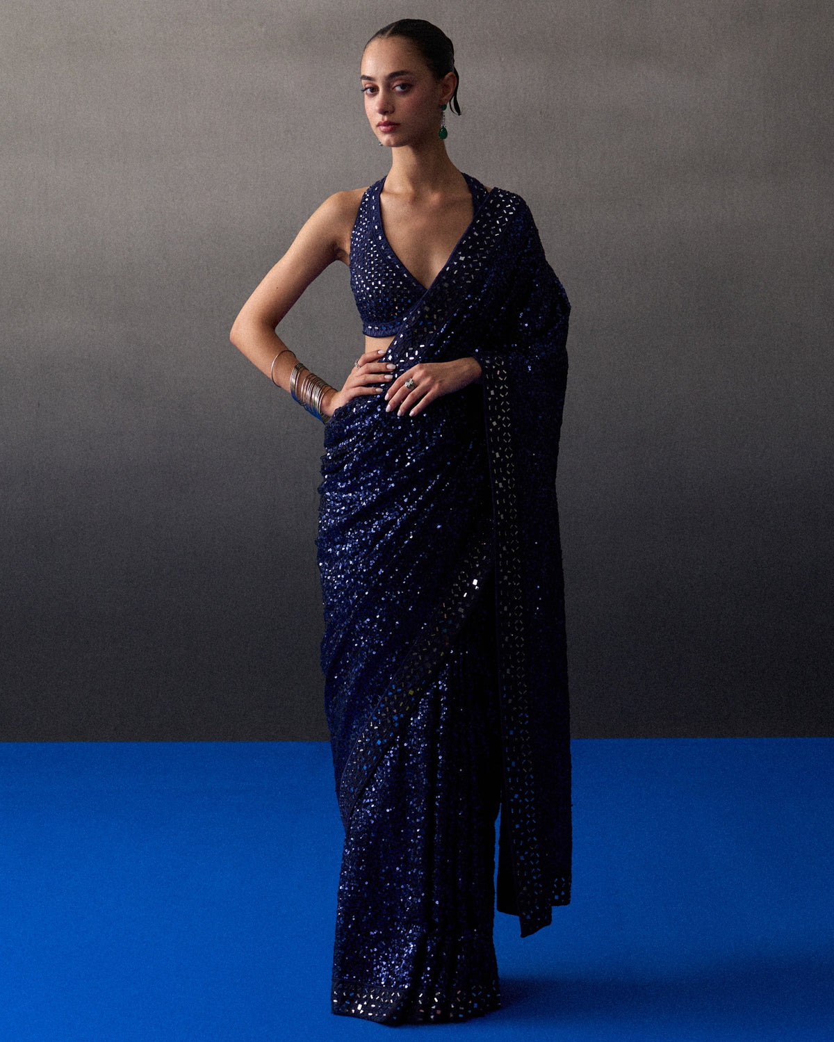 Midnight Blue Sequins Sari