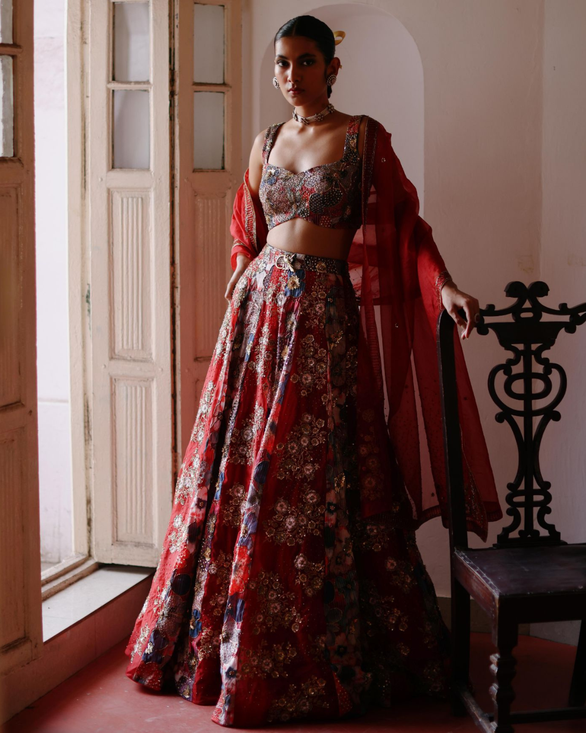 Red Print and Floral Bunches Alternate Panels Lehenga Set By Geethika