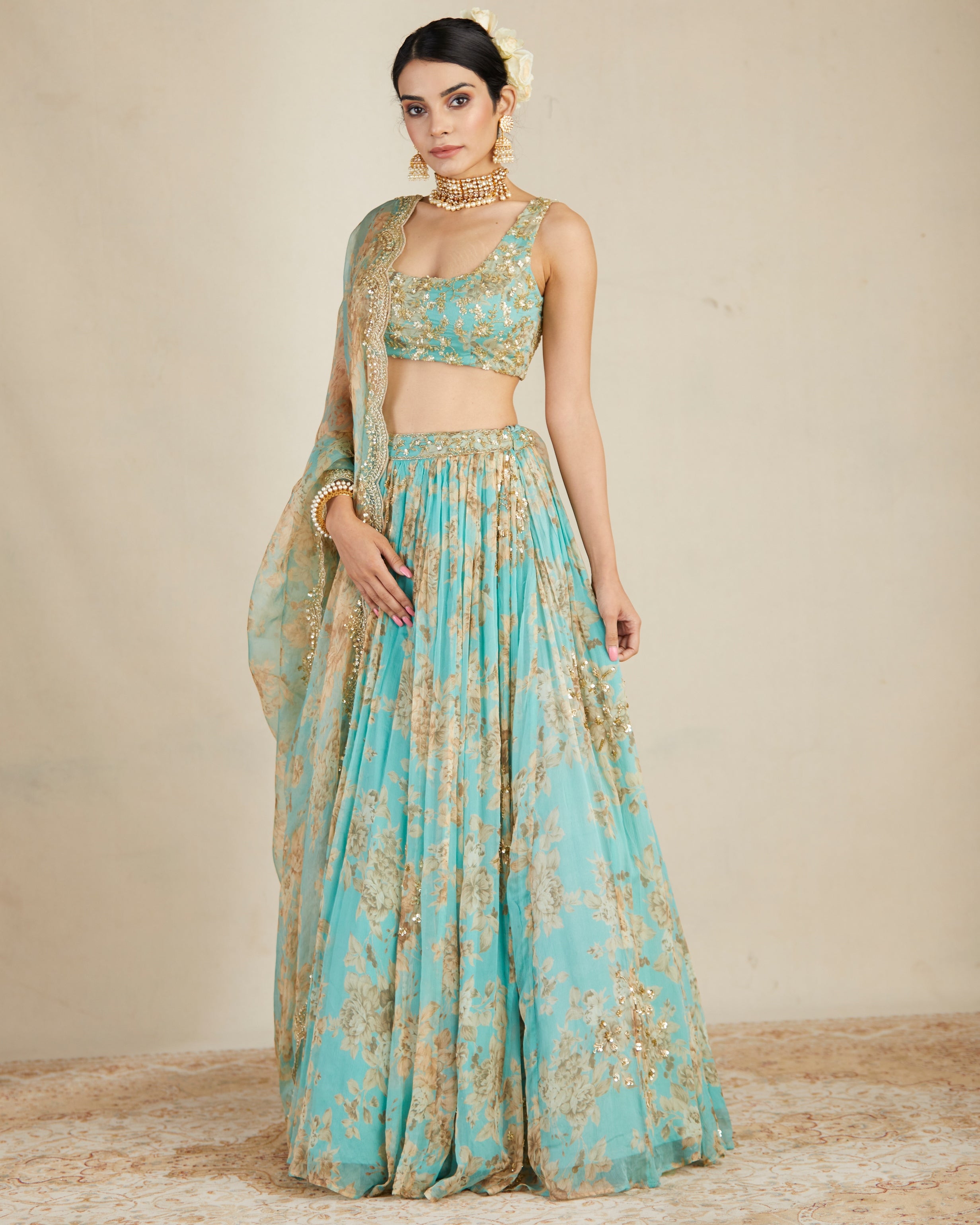 Mint Chiffon Floral Lehenga Set