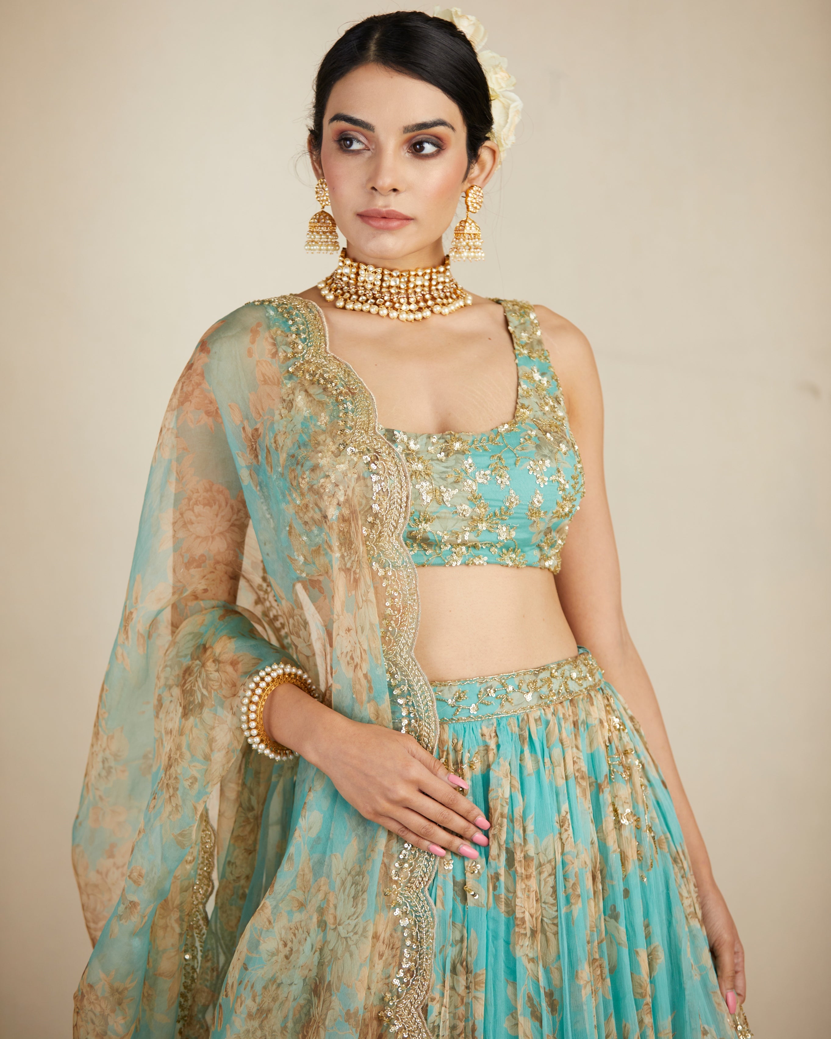 Mint Chiffon Floral Lehenga Set