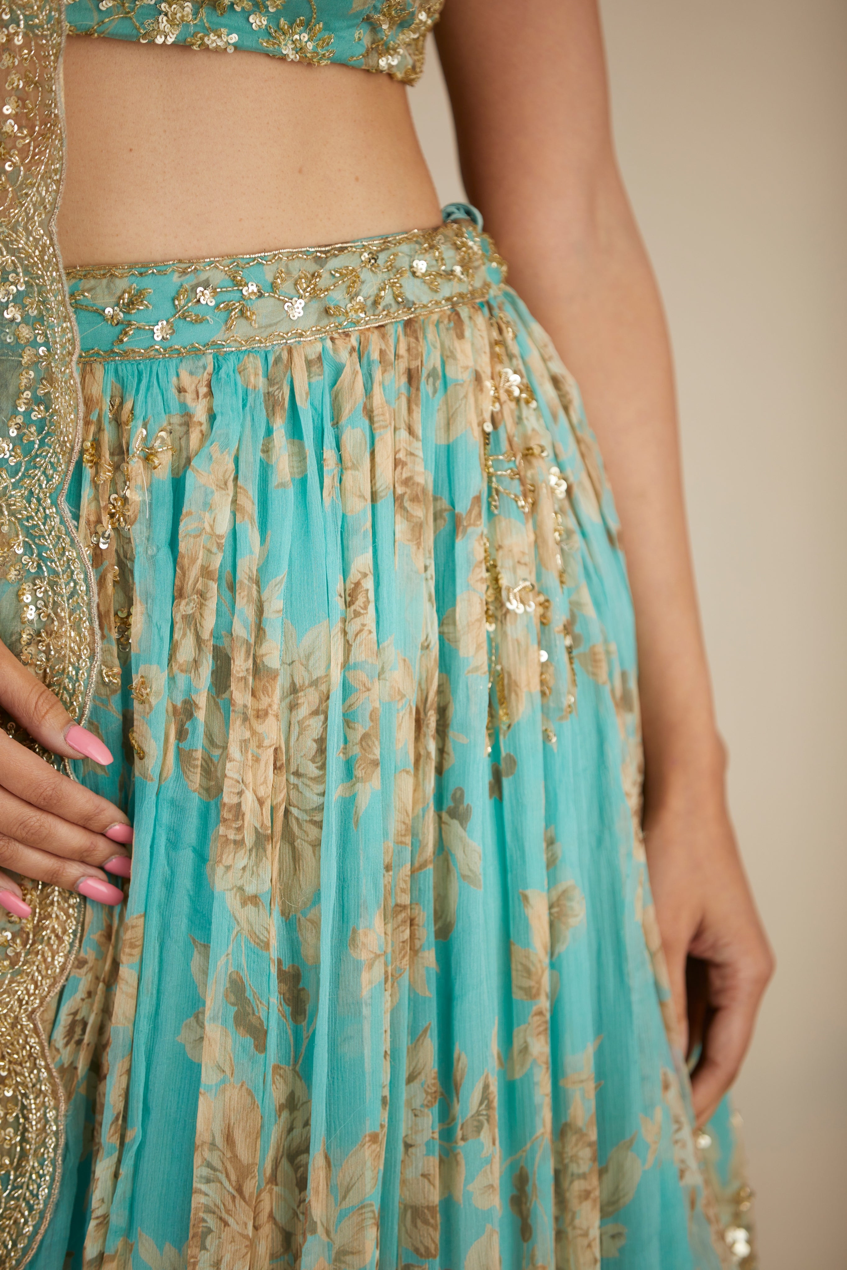 Mint Chiffon Floral Lehenga Set