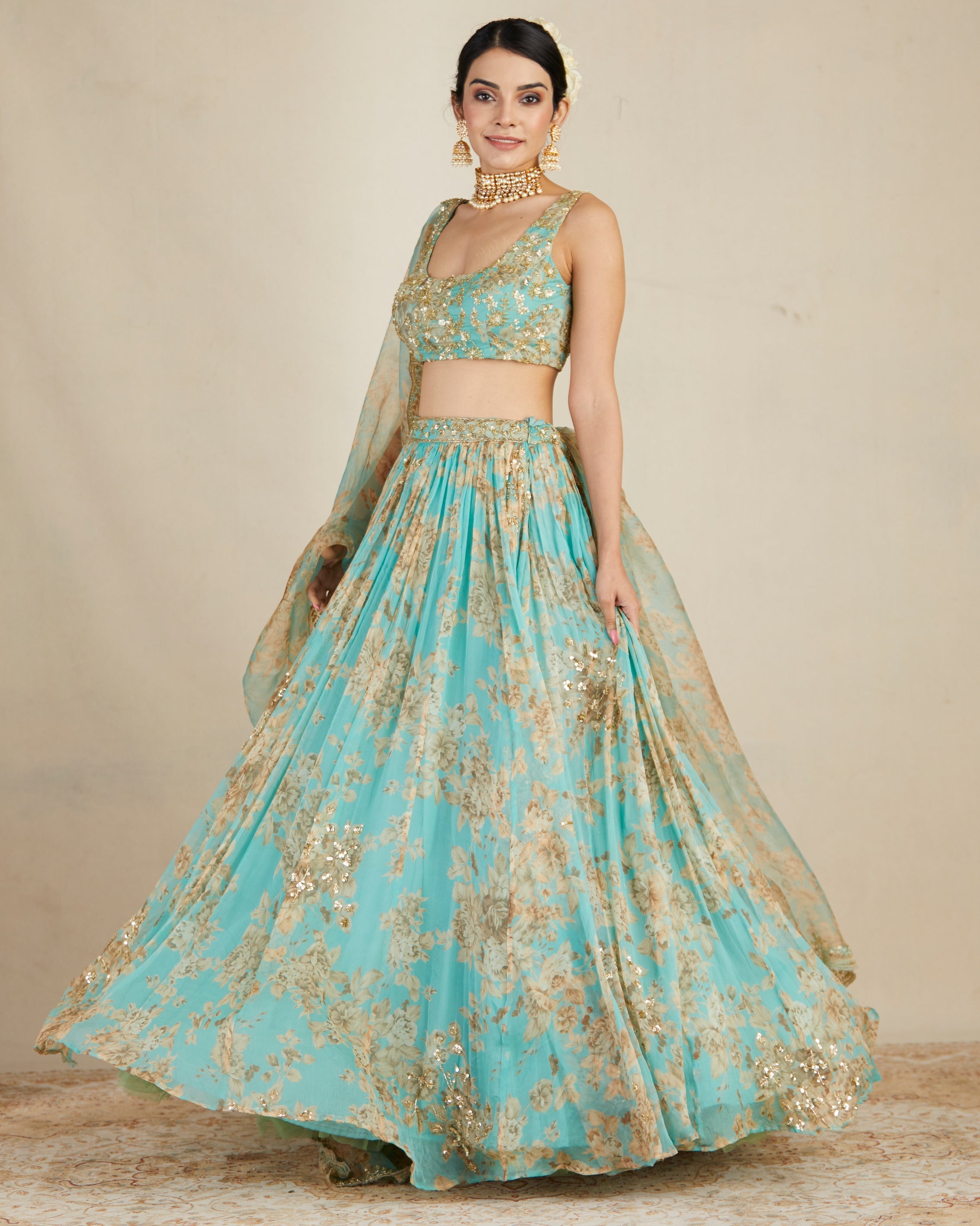 Mint Chiffon Floral Lehenga Set