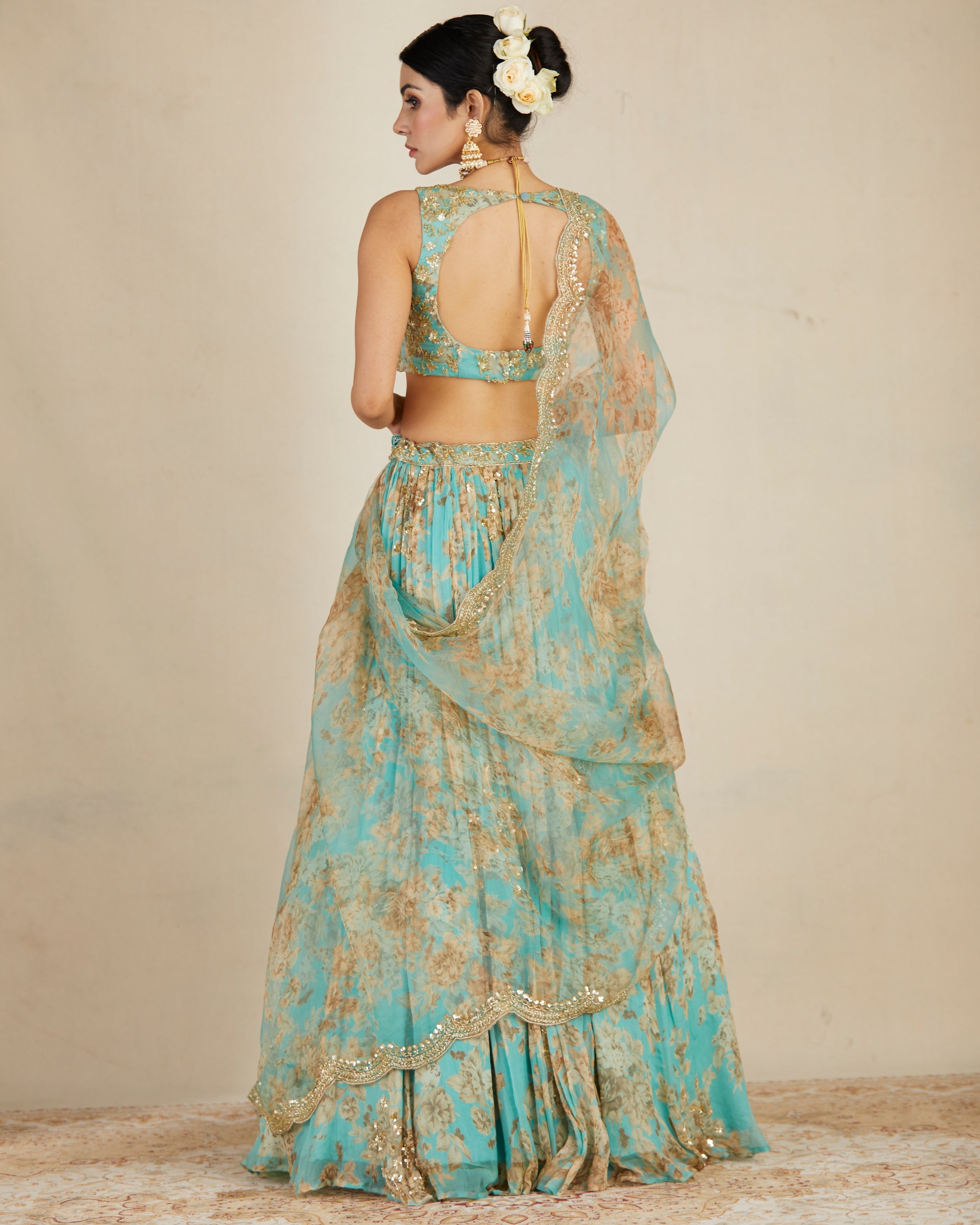 Mint Chiffon Floral Lehenga Set