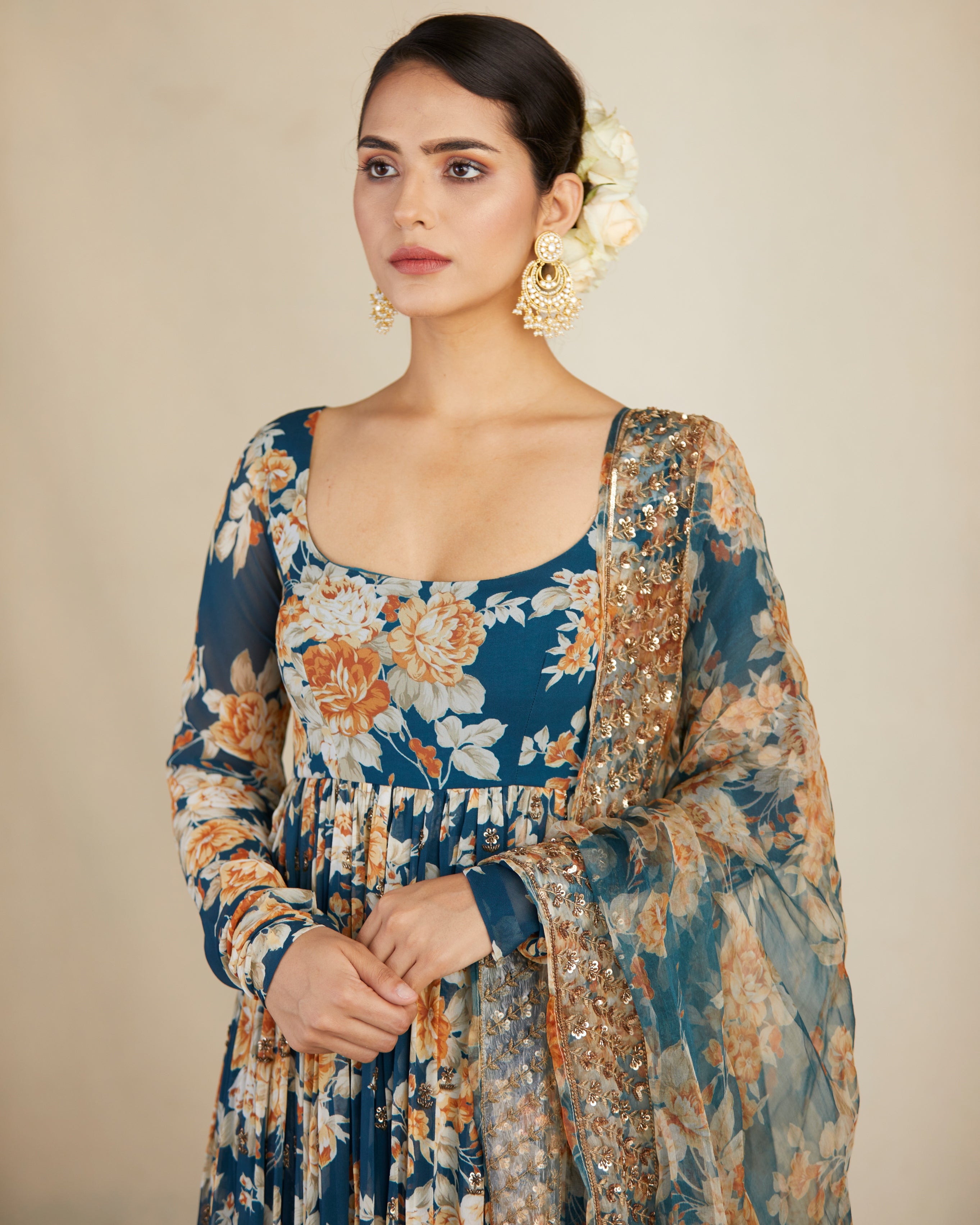 Teal Blue Georgette Floral Anarkali Set