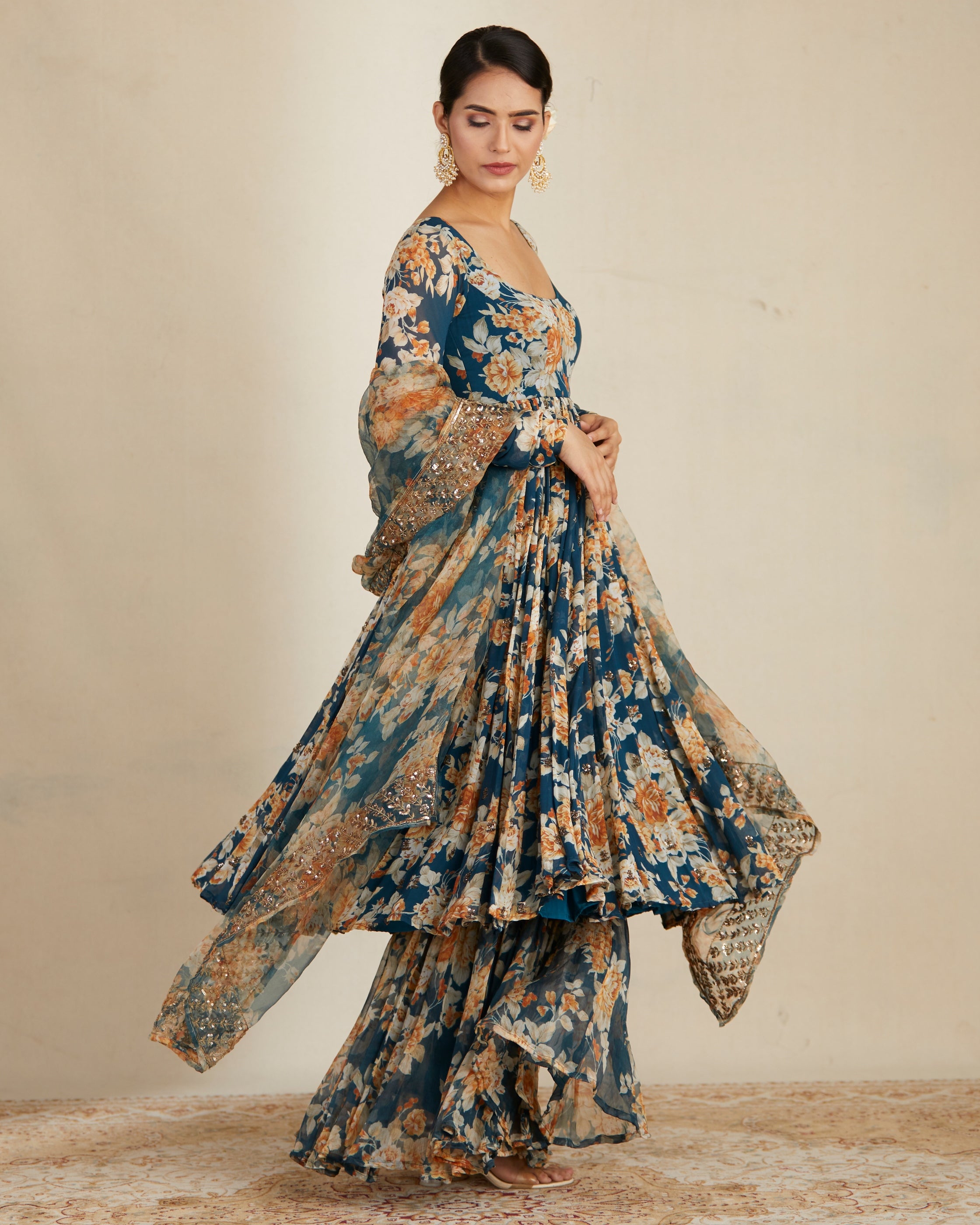 Teal Blue Georgette Floral Anarkali Set