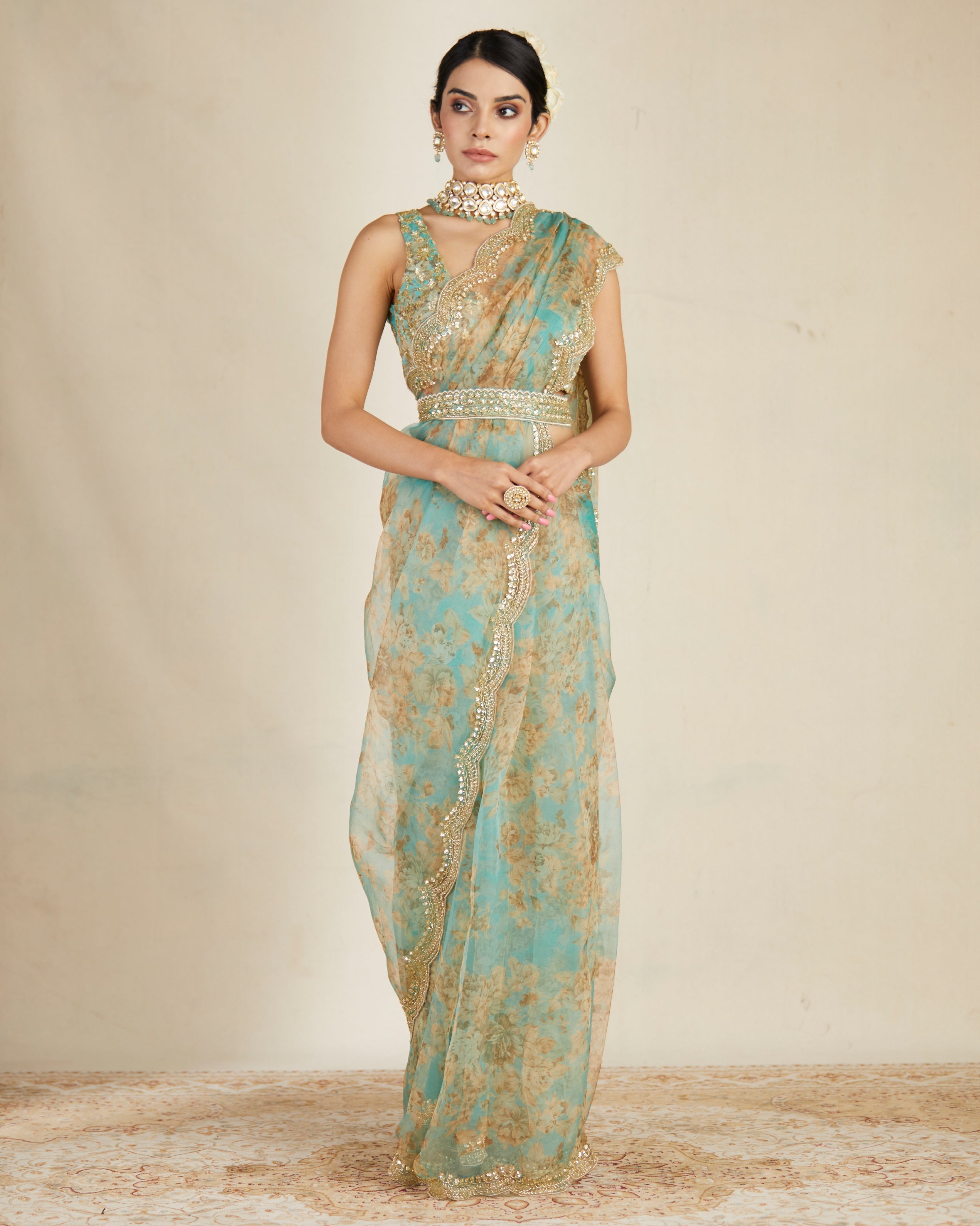 Mint Organza Floral Sari Set