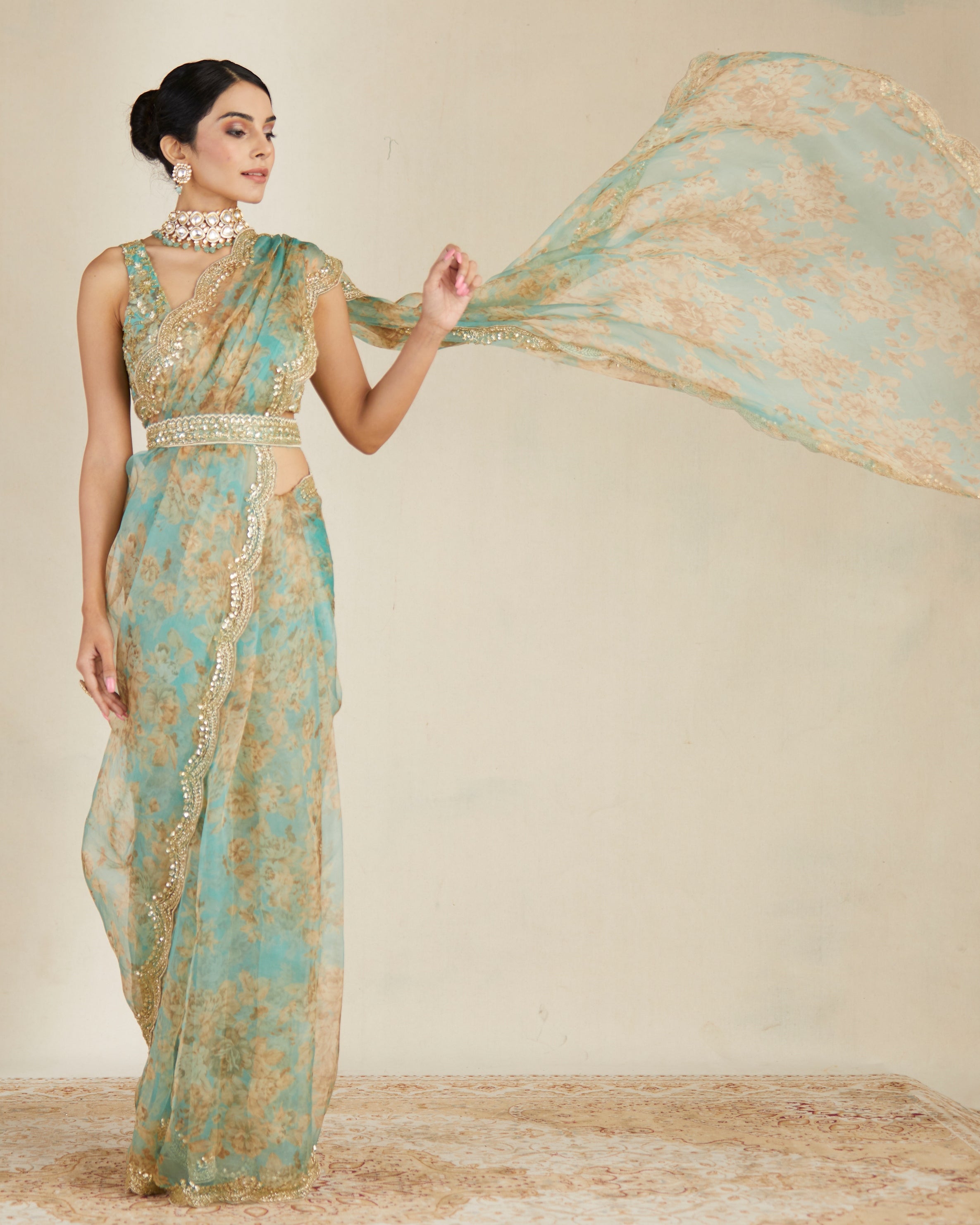 Mint Organza Floral Sari Set