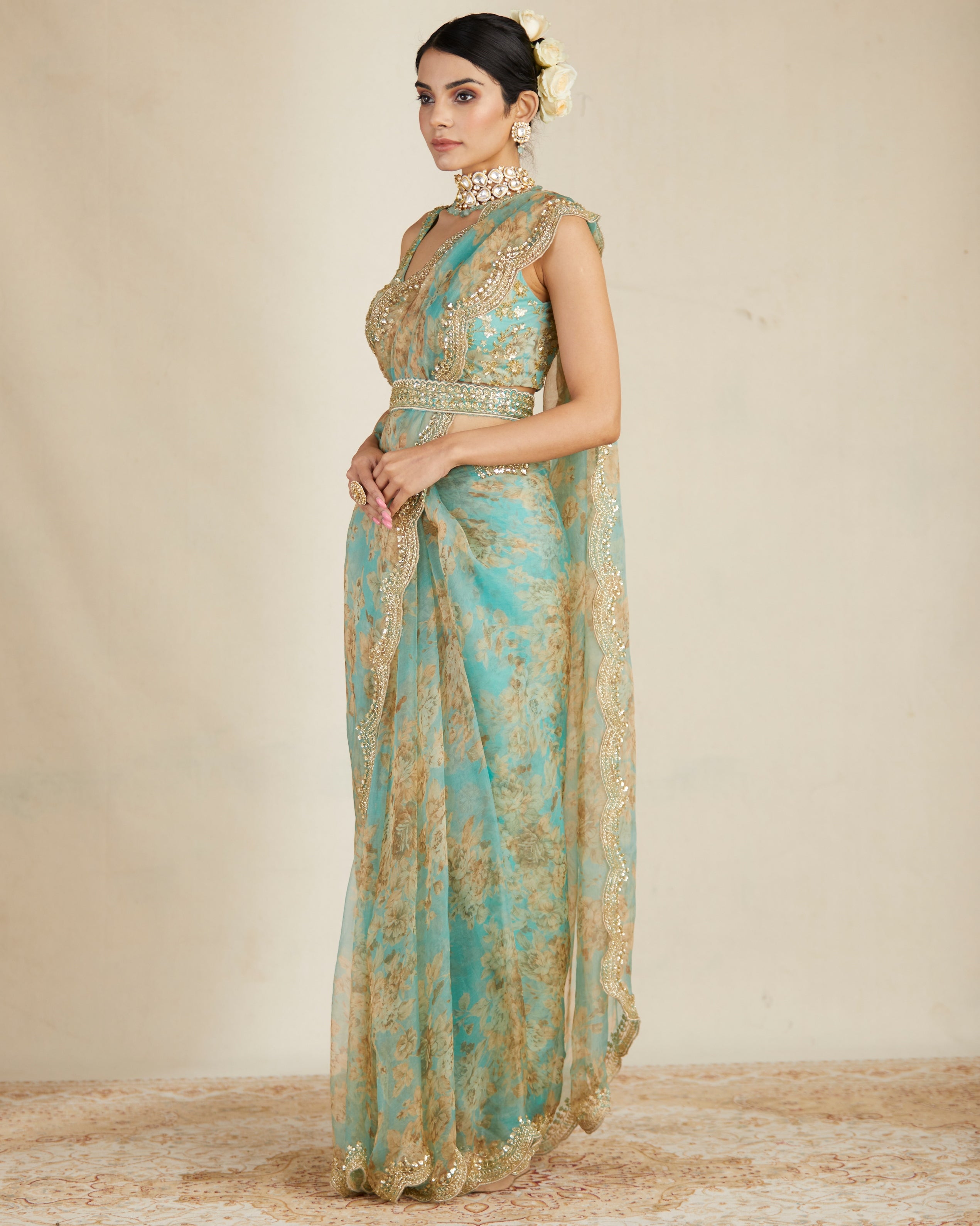 Mint Organza Floral Sari Set