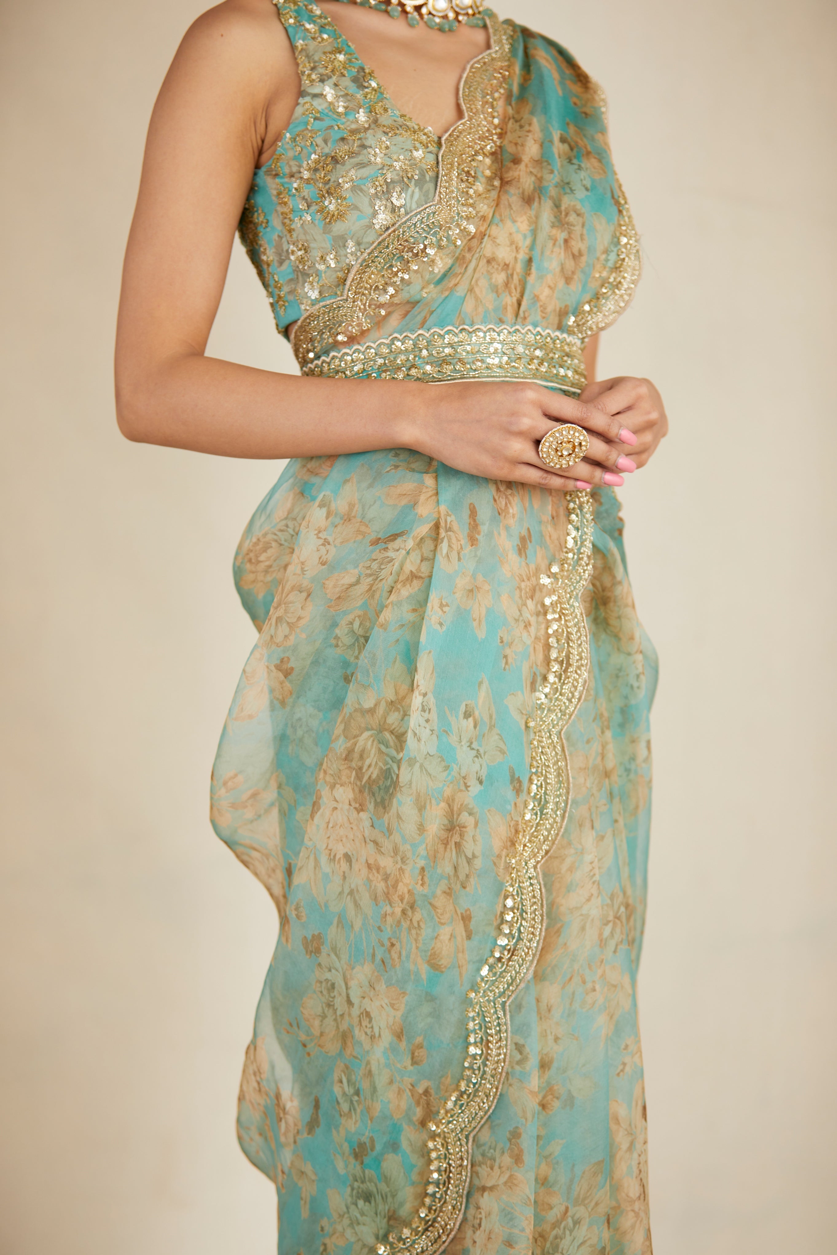 Mint Organza Floral Sari Set