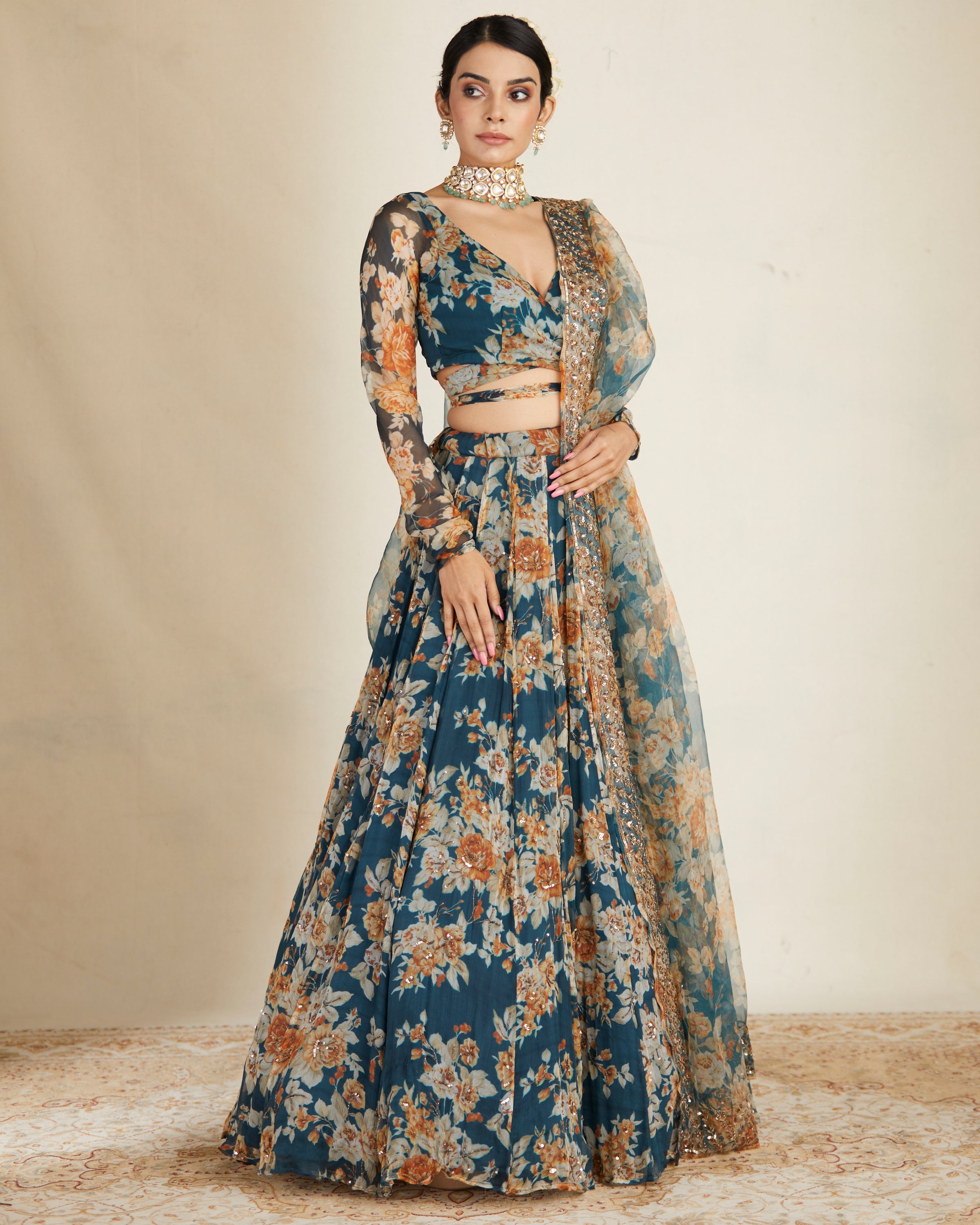 Teal Blue Chiffon Floral Lehenga Set