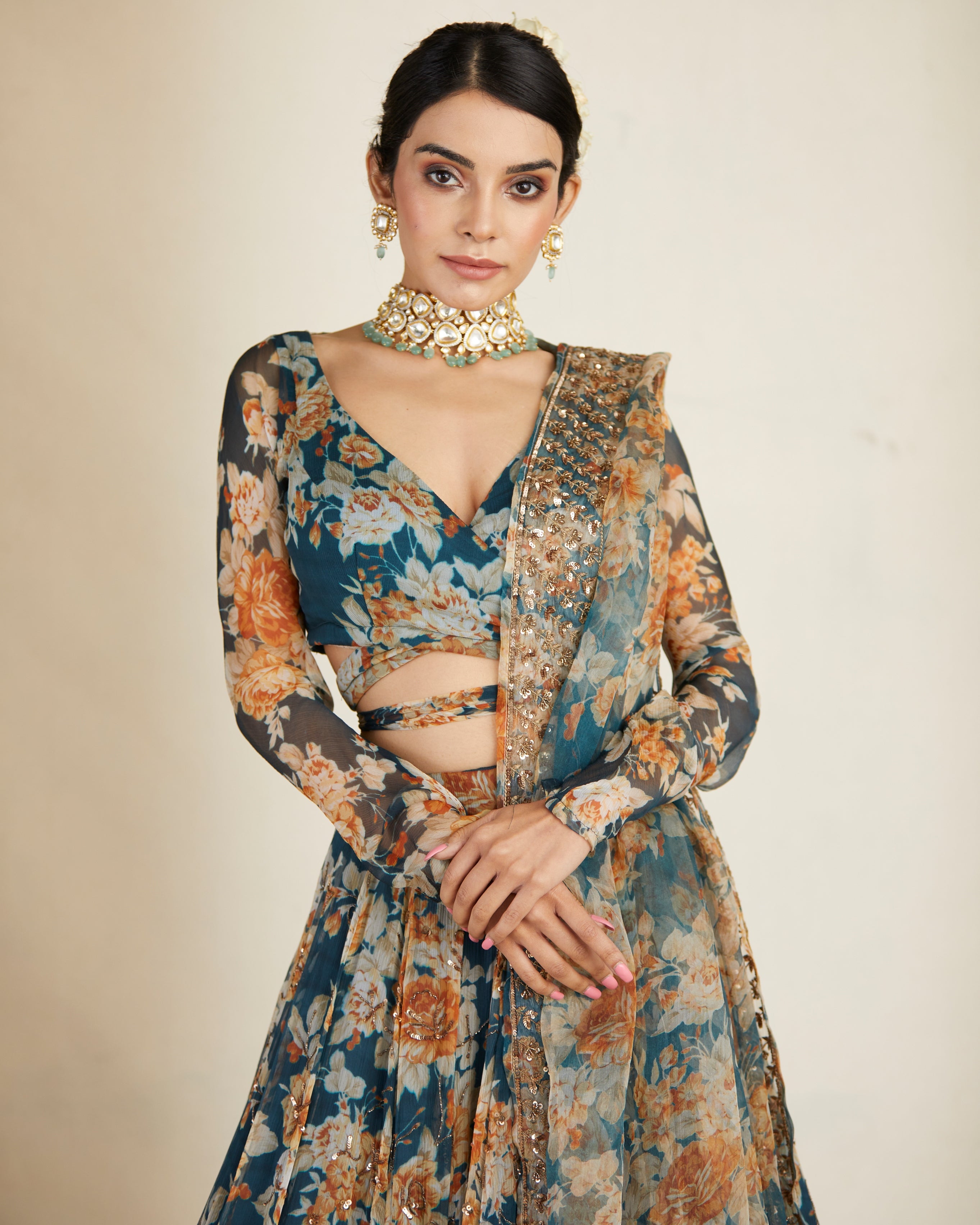 Teal Blue Chiffon Floral Lehenga Set